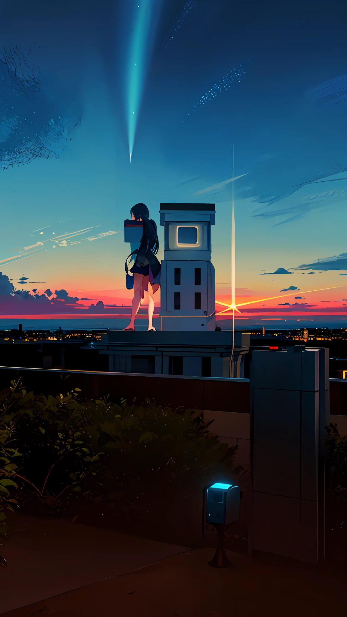 octans, sky, star (sky), scenery, starry sky, night, 1girl, night sky, solo, outdoors, building, cloud, milky way, sitting, tree, long hair, city, silhouette, cityscape
