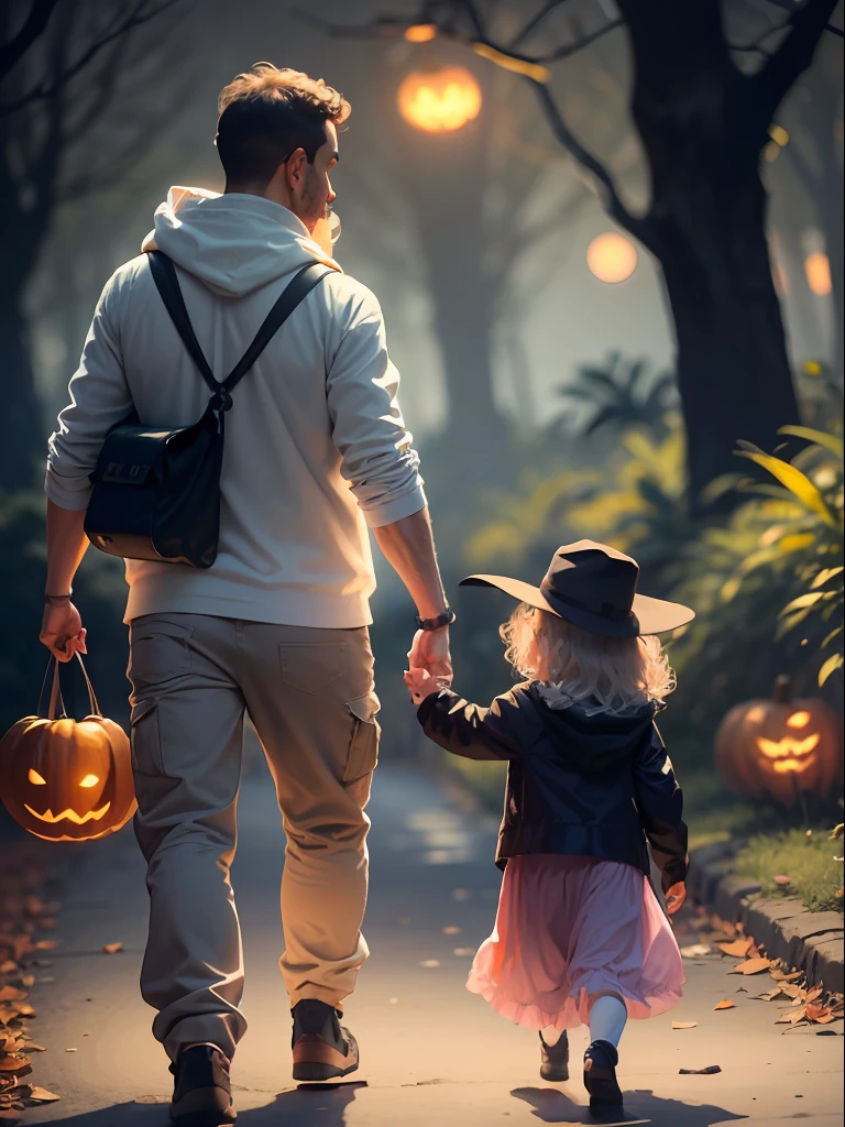Create a picture of a family of 4 tricks or treats on Halloween night (Mom, papai, 4-year-old daughter and baby) caminhando por um caminho sinuoso na floresta,Depara-se com uma antiga casa misteriosa escondida na floresta