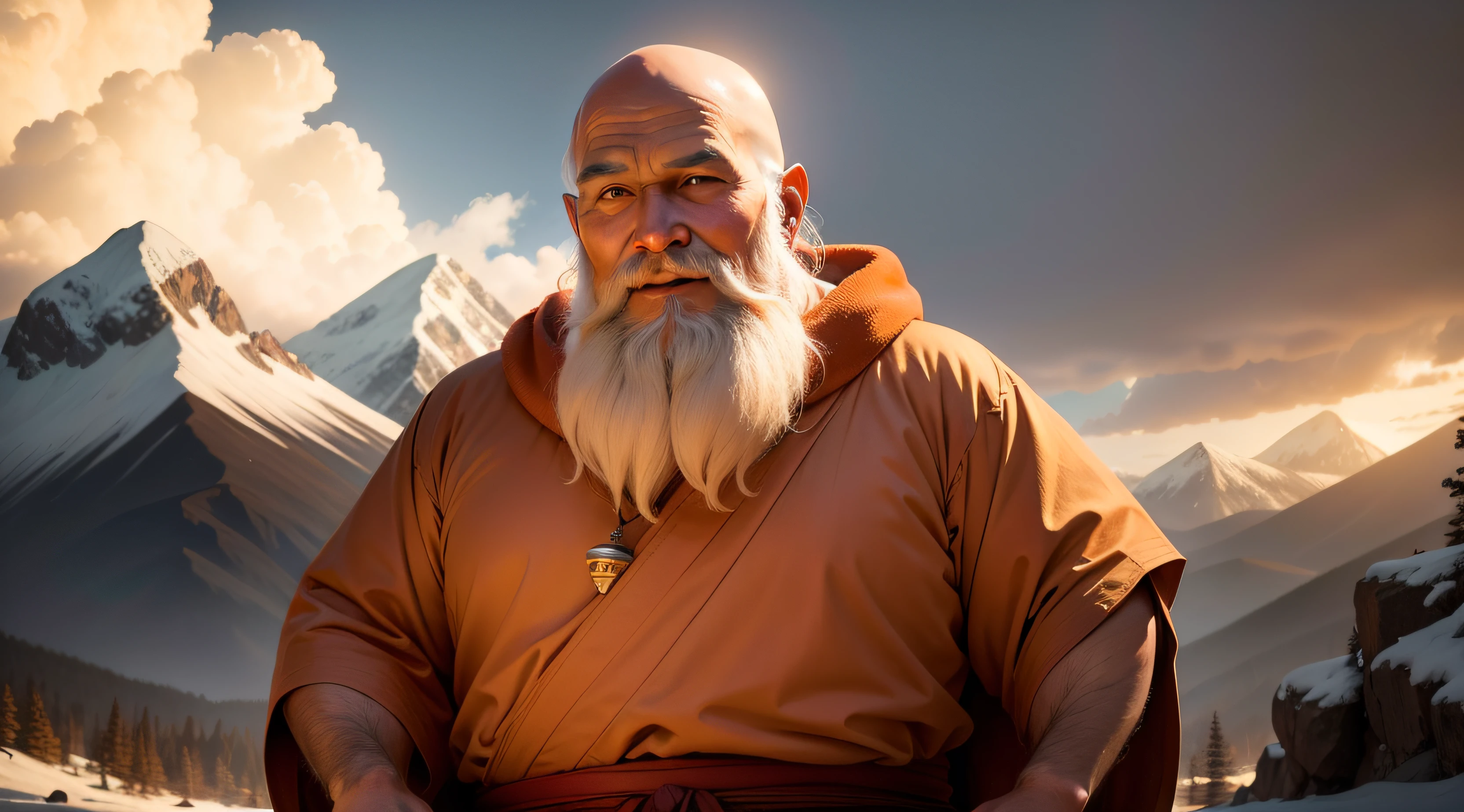 Image shows an old monk, with white beards, wearing long and orange clothes, traditional dress of Sholin Buddhist monks, with expression of joy on his face, In the background of the image, mountains disappearing in the eyes, the image should be highly realistic and cinematic quality , with attention to detail on the face, especially the eyes, nose and mouth, attention to detail on the body, lighting, materials and composition.