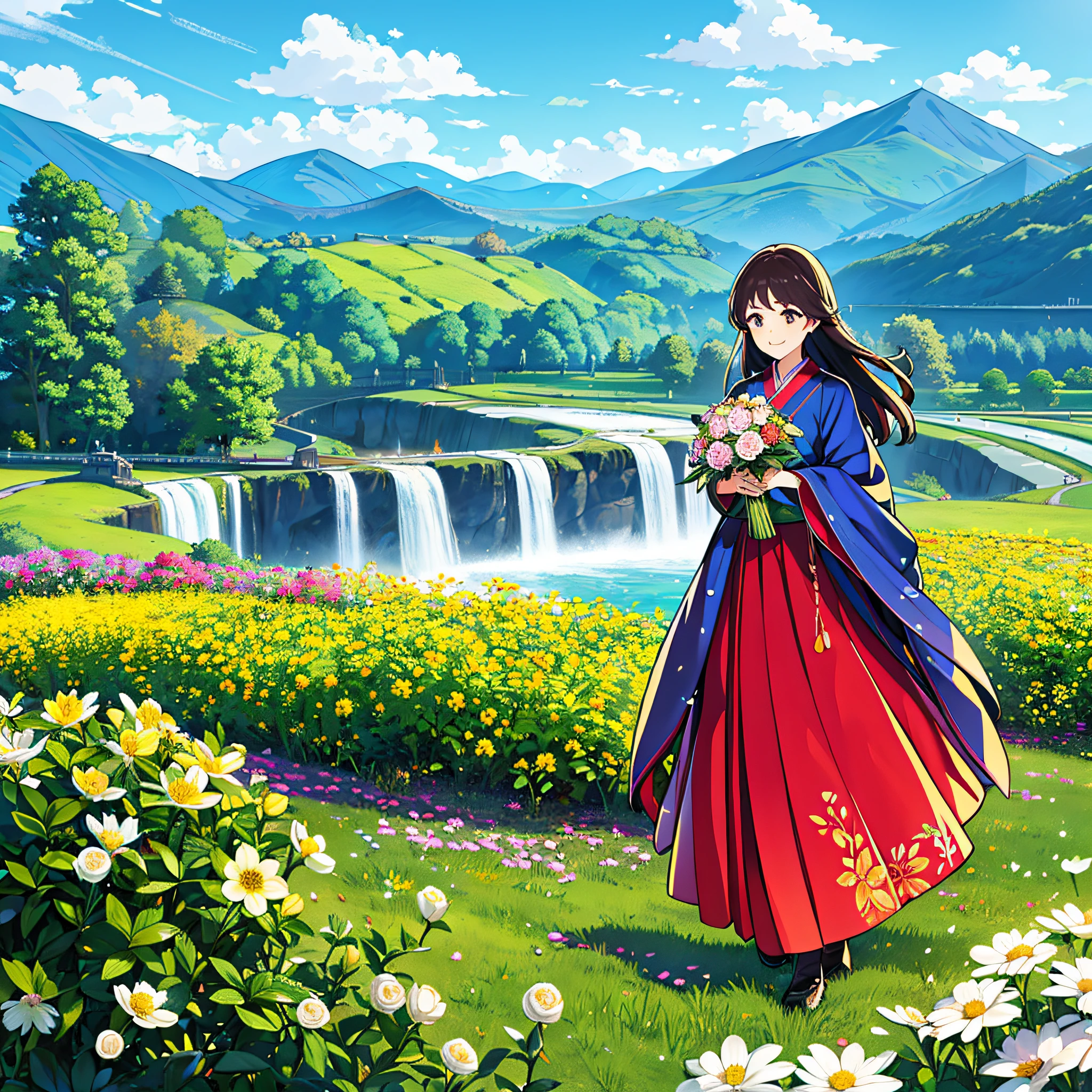((((Hunt for wonders)))) This is a landscape wallpaper:k hd，plethora of colors,Landscape painting，Danxia，Waterfall，The distant mountains are verdant，Rivers turn,There was a lovely girl,Long hair shawl，Bright eyes，Lovely smile, Wearing traditional Hanfu,Graceful posture,Flutter in the wind,Corolla dots,Holding a bouquet of flowers in his hand，Enjoy the view，The morning sun shines，The sky is blue，All things prosper，Rejuvenated，Everywhere is the beauty of life，A field of flowers，Nature and humanity complement each other，A pleasant picture。