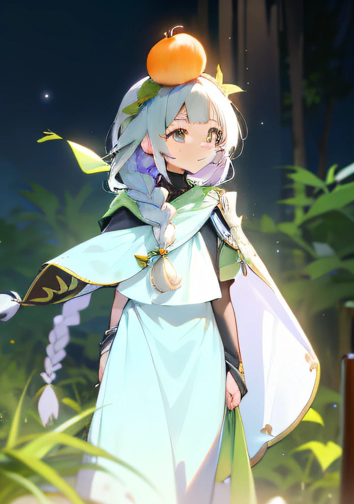 Kizi，whaite hair，Two braids，The braid is tied with a green ribbon，Green hairband，There is an orange on the top of the head，Stand up，Armrest back，White top，wide white pants，White cape，the night，ln the forest，glowworm