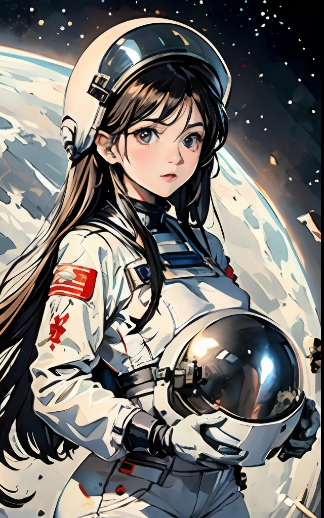 1girl, flat chested, cute, beautiful detailed eyes, shiny hair, visible through the hair, hair between the eyes, CCCPposter, sovietposter, red monochrome, Soviet poster, USSR, communism, black hair, red eyes, vampire ,girl,small breasts,spacesuit:Orange_clothing_body:jumpsuit ), white_gloves, white_space shoes, white_helmet, CCCP scarlet letters on the top of the helmet, weightlessness, Side light, reflection, the person in the spacesuit is at the bottom left of the picture, right hand outstretched, right hand Gently touch the Salyut space station), the space station in the upper right corner of the screen, the reflected light of the sun, silver metal, red flag, brilliance, Soviet style, diffuse reflection, metal texture, blue earth in the distance, mech style, star sea, high-profile, majestic