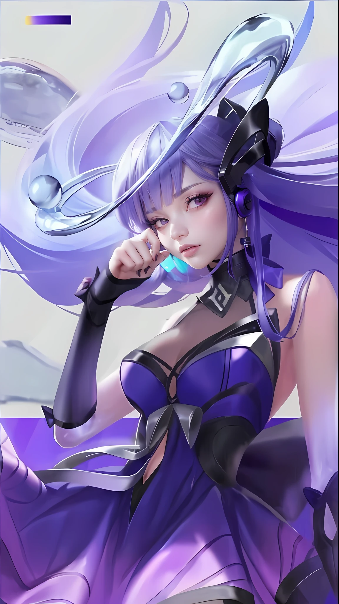 a close up of a woman with a purple dress and headphones, extremely detailed artgerm, ig model | artgerm, style artgerm, artgerm style, trending artgerm, like artgerm, seraphine ahri kda, ! dream artgerm, artgerm detailed, kda, style of artgerm,purple hair detailed,hair Realistic, clothes detailed,hands detailed,skins white, perfect fingers,eyes Detailed, clothes purple detailed, masterpiece,best quality,full body detailed,