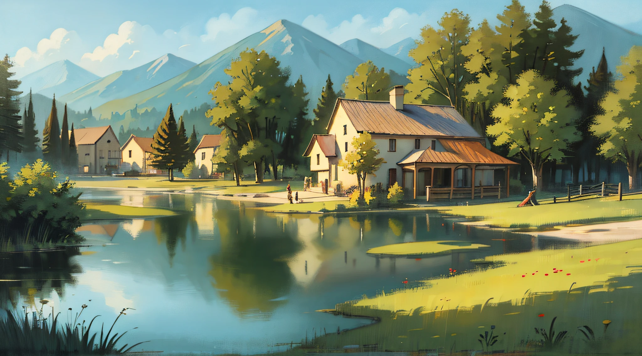 Pond in the mountains,Country houses in the distance, Classical art, oil painted
