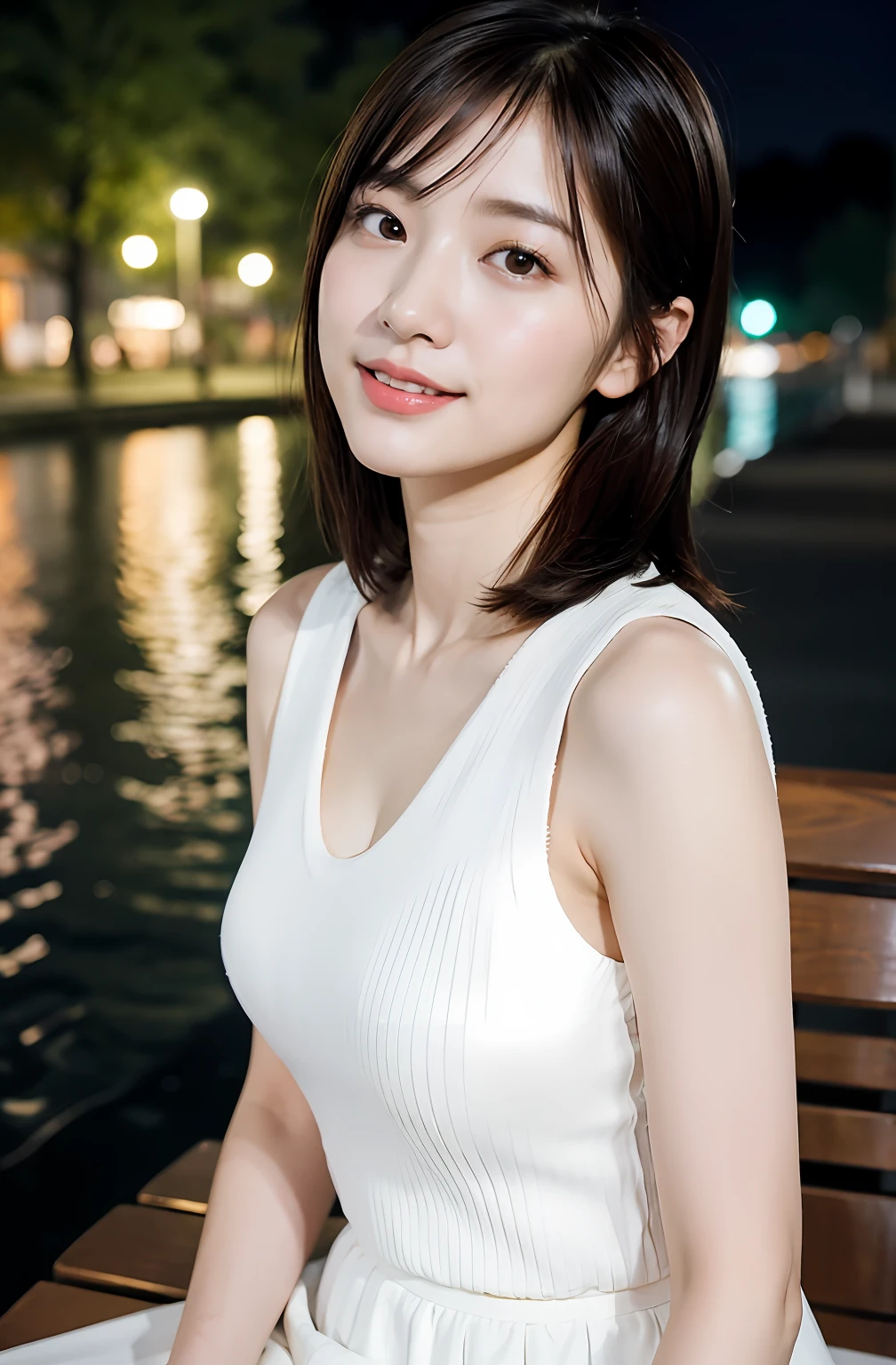 ((8K:1.27)、top-quality、masterpiece、超A high resolution:1.2)Photo beautiful Chinese woman(pleasing:1.1) (The shirt:1.21) Elegance、There is a good、Gradient lighting、1girl in、Delicate skin、Look here、Brown-eyed、(short hair with bangs:1.2)、(Medium chest:1.0)、(medium areola:0.8)、(realisitic:1.4)、(top-quality:1.0)、(超A high resolution:1.0)、8K、Raw photography、(masterpiece:0.2)、(pureerosface_v1:0.5)、 Light gray clothes、Sleeveless、From the knee up、Kamimei、excited expressions、Red cheeks、want me、Staring at this、Park at night、sit on a bench、Brightness of streetlights、total darkness、Being drunk、subject、look down from above、Futomo、lean deeply on the backrest、Watched、
