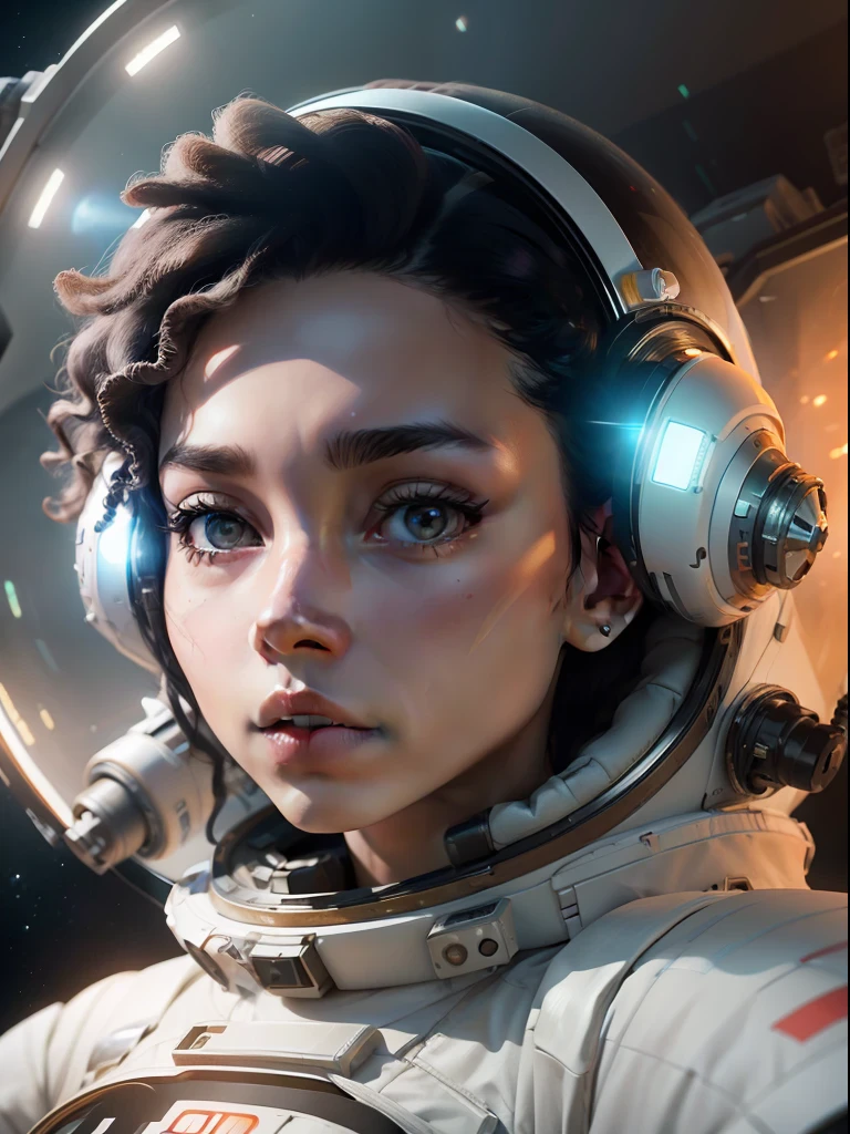 A girl with white skin and curly hair floats inside a large gravitational capsule, space objects floating in the background, anime portrait Space Cadet Girl, from a 2 0 1 9 Sci Fi 8 K movie, Zoe Kravitz futuristic astronaut, 8 K movie still, movie still 8 K, Zoe Kravitz as an astronaut, in spacesuit,  girl in space, portrait 8k render, beautiful woman in spacesuit, amplitude, general plan, cinematic, photorealism, Photographed on a Canon EOS-1D X Mark III, 50mm lens, F/2.8, sharp focus, volumetric fog, dramatic light, volumetric light, neon, 8k uhd, dslr camera, maximum quality, film grain,