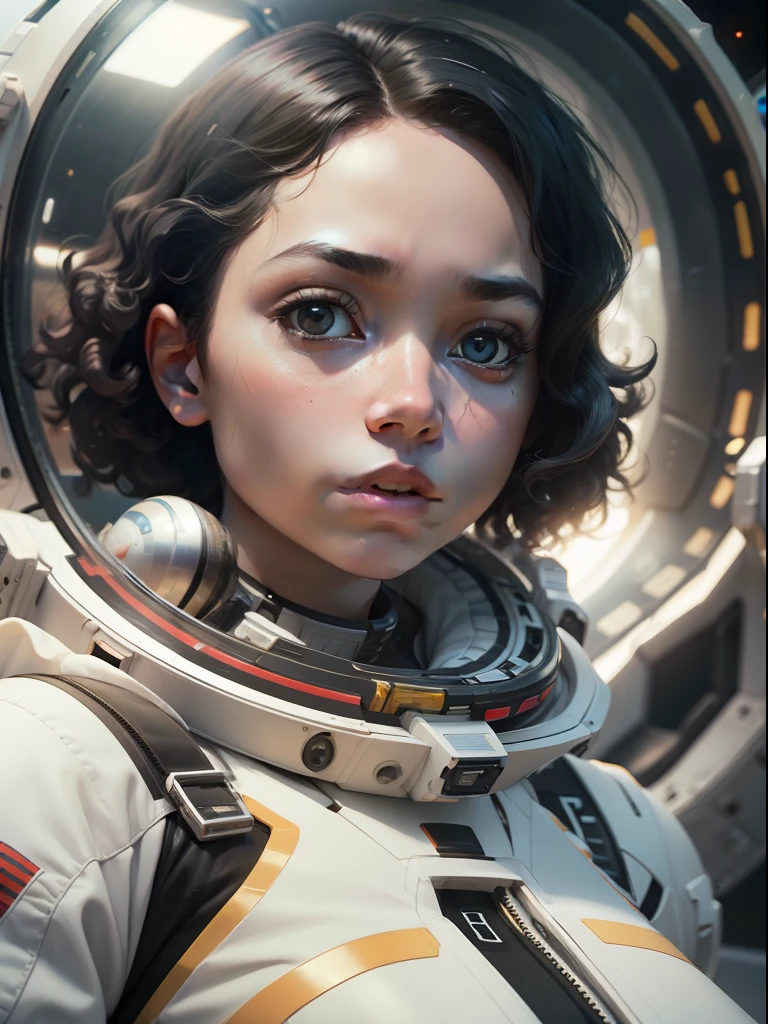 A girl with white skin and curly hair floats inside a large gravitational capsule, space objects floating in the background, anime portrait Space Cadet Girl, from a 2 0 1 9 Sci Fi 8 K movie, Zoe Kravitz futuristic astronaut, 8 K movie still, movie still 8 K, Zoe Kravitz as an astronaut, in spacesuit,  girl in space, portrait 8k render, beautiful woman in spacesuit, amplitude, general plan, cinematic, photorealism, Photographed on a Canon EOS-1D X Mark III, 50mm lens, F/2.8, sharp focus, volumetric fog, dramatic light, volumetric light, neon, 8k uhd, dslr camera, maximum quality, film grain,