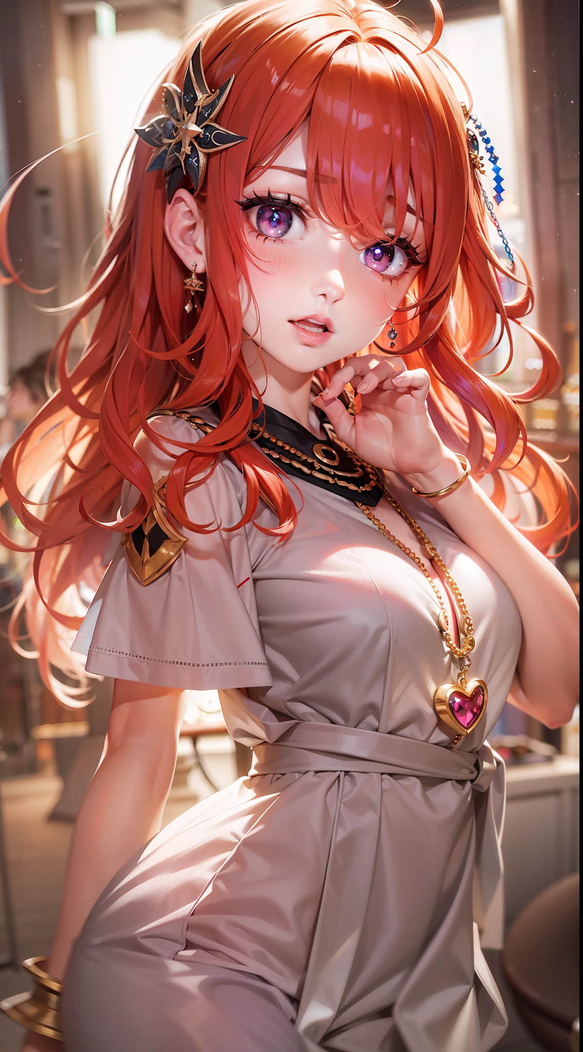 Red hair, ahoge, Curly hair, hair on one eye, bead necklace, black hair band, Moles under eyes, Heart-shaped pupils, Blush, disdain, Anime, Social realism, Cinematic lighting, Sparkle, hyper HD, Masterpiece, ccurate, Anatomically correct, Textured skin, Super detail, High details, High quality, Best quality, A high resolution, 8K