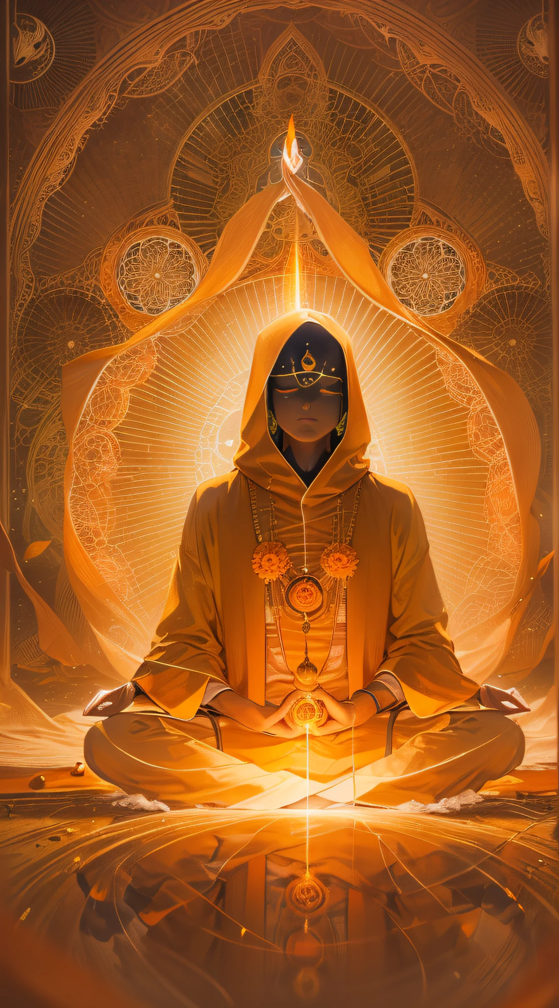 (person meditating cloaked in an orange aura:1.5), incorporate symbolic elements representing the sacral chakra, swadhisthana, crescent moon, 6 petaled lotus, using vibrant, ethereal orange shades and colors