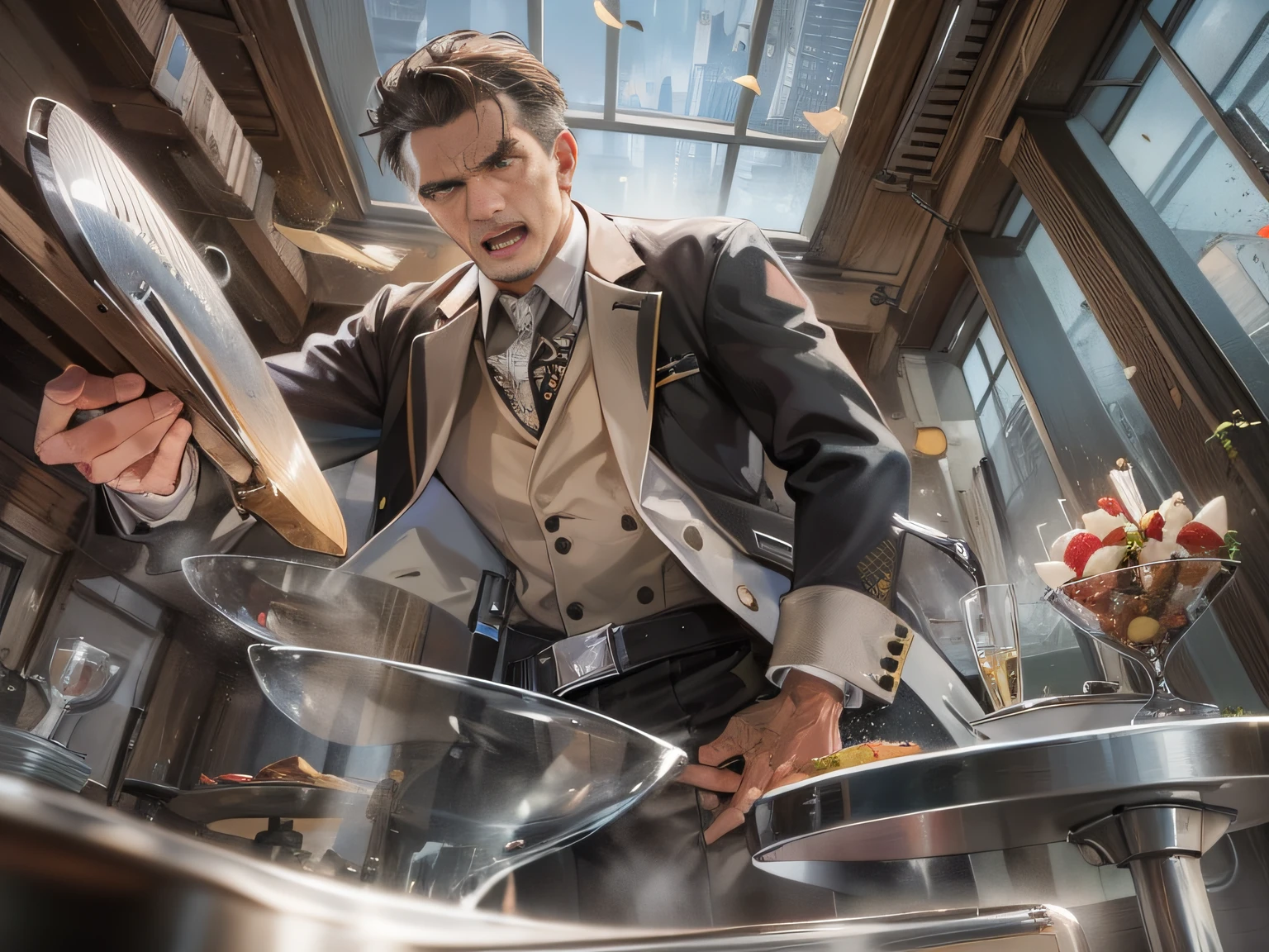 A 55-year-old middle-aged man with short brown hair and a silver Tang suit,Raise a chair and smash it against the restaurant glass,Expression of anger,grand master,tmasterpiece,8k wallpaper,CG,Ultra-high image quality,light and shadow effect