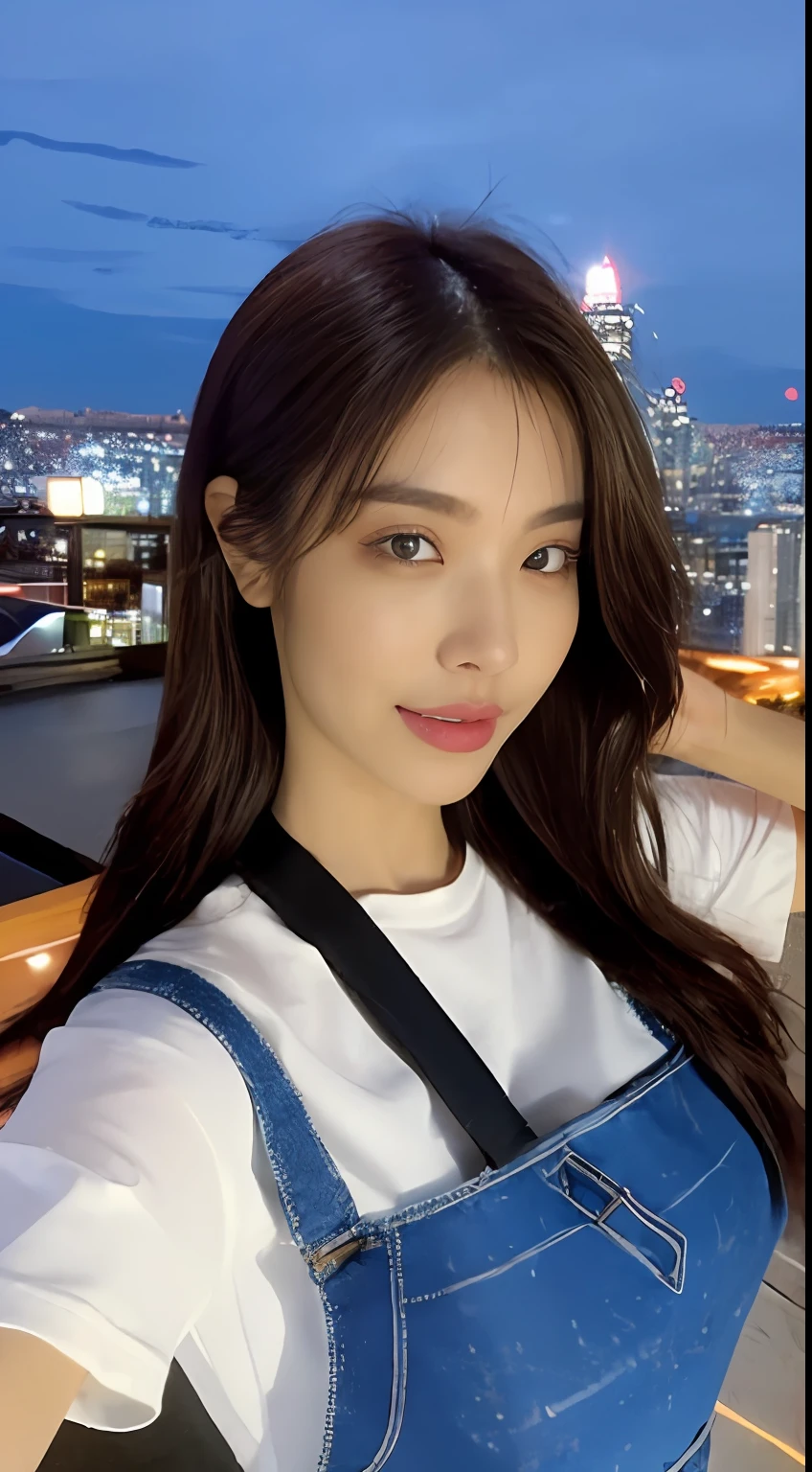 ((Midnight, Best quality, 8k, Masterpiece :1.3)), Whole body, Long legs, Sharp focus :1.2, A pretty woman with perfect figure :1.4, Slender abs :1.1, ((Dark brown hair, Big breasts :1.2)), (White tight tshirt, Jean bib, Standing:1.2), ((Night city view, Rooftop:1.3)), Highly detailed face and skin texture, Detailed eyes, Double eyelid