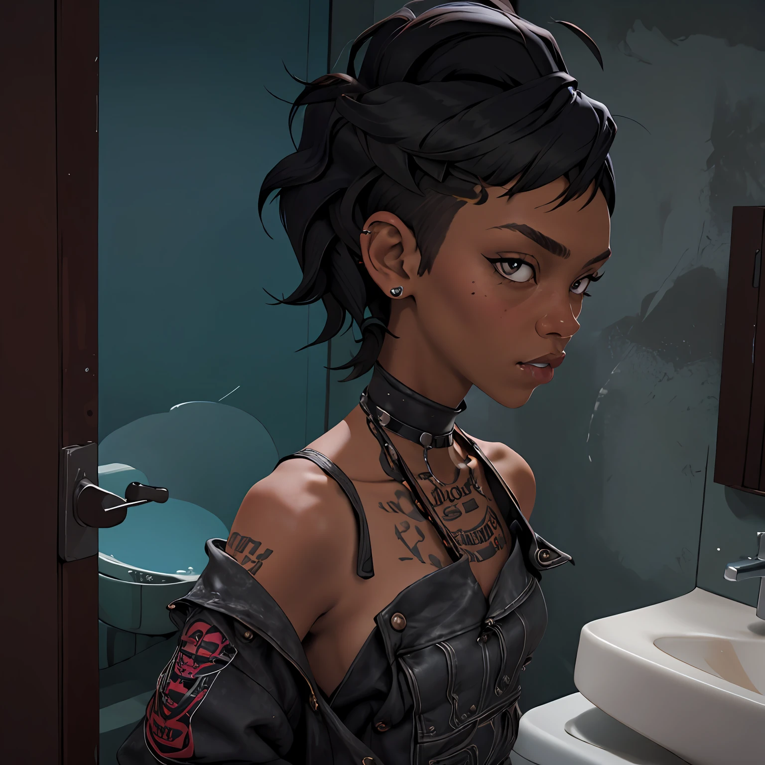 1girl, in bathroom, punk style, mullet-cut, ebony skin