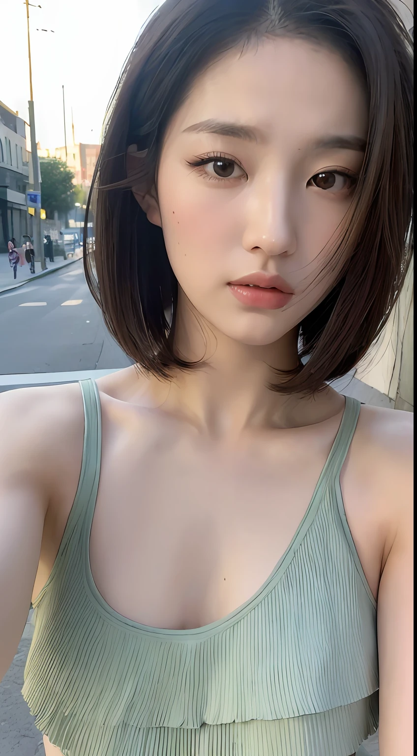 ((Best quality, 8k, Masterpiece :1.3)), Sharp focus :1.2, A pretty woman with perfect figure :1.4, Slender abs :1.2, ((Layered haircut, Big breasts :1.2)), (Tank top shirt :1.1), (Street :1.2), Highly detailed face and skin texture, Detailed eyes, Double eyelid