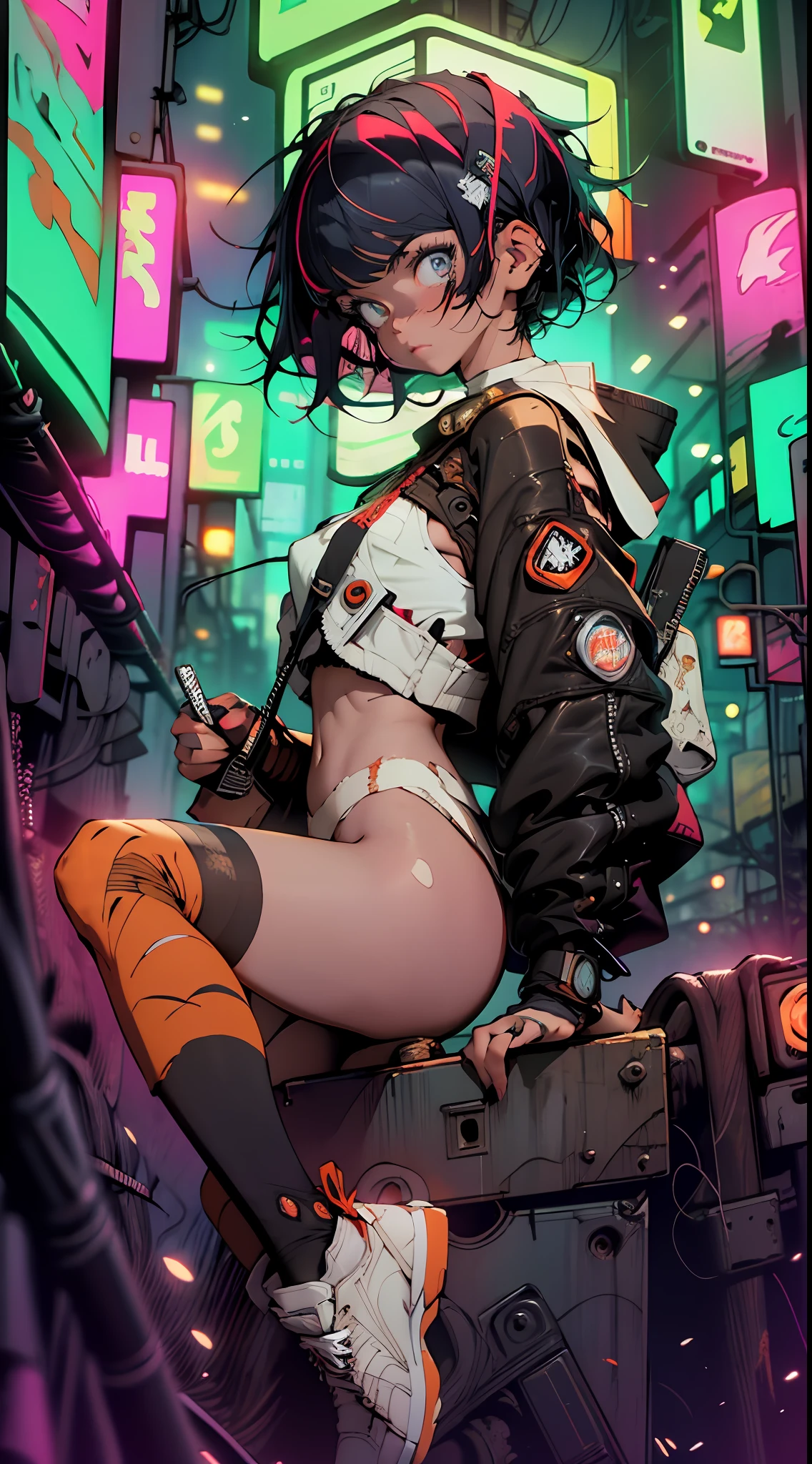 ((NSFW)), masterpiece, Best quality, Ultra high definition, Maximum resolution, Very detailed, Professional lighting, anime, (((single girl))), (slender), very cute, 1girl, , (((hairy pubis ))), ((very short bobcut hair)) jetblack hair, ((cyberpunk vibes)) (((White footwear))) high socks, ((suspenser tigths)), ((straps)), (downed detailed cotton panty) Iigthparticles, cyber city, looking awayr, ((blue dark school sailor costume)) (((red ribbon))), thin body, city samurais in background, orange neon backlighting, whole body, pose, (((nigth city))) ((((at the top of a tubular and wires structure)))) ((((jacket)))) (((deep blue and orange palette))) ((((Depth of field)))) (((cyberpunk city))) (dynamic shot) (((iluminated by neon haze ambient))) (((sordid ambien))) (((sexual inuendo)))   Night, colorful cyberpunk city background, perfect composition, perfect light and shadow delicate, 8k