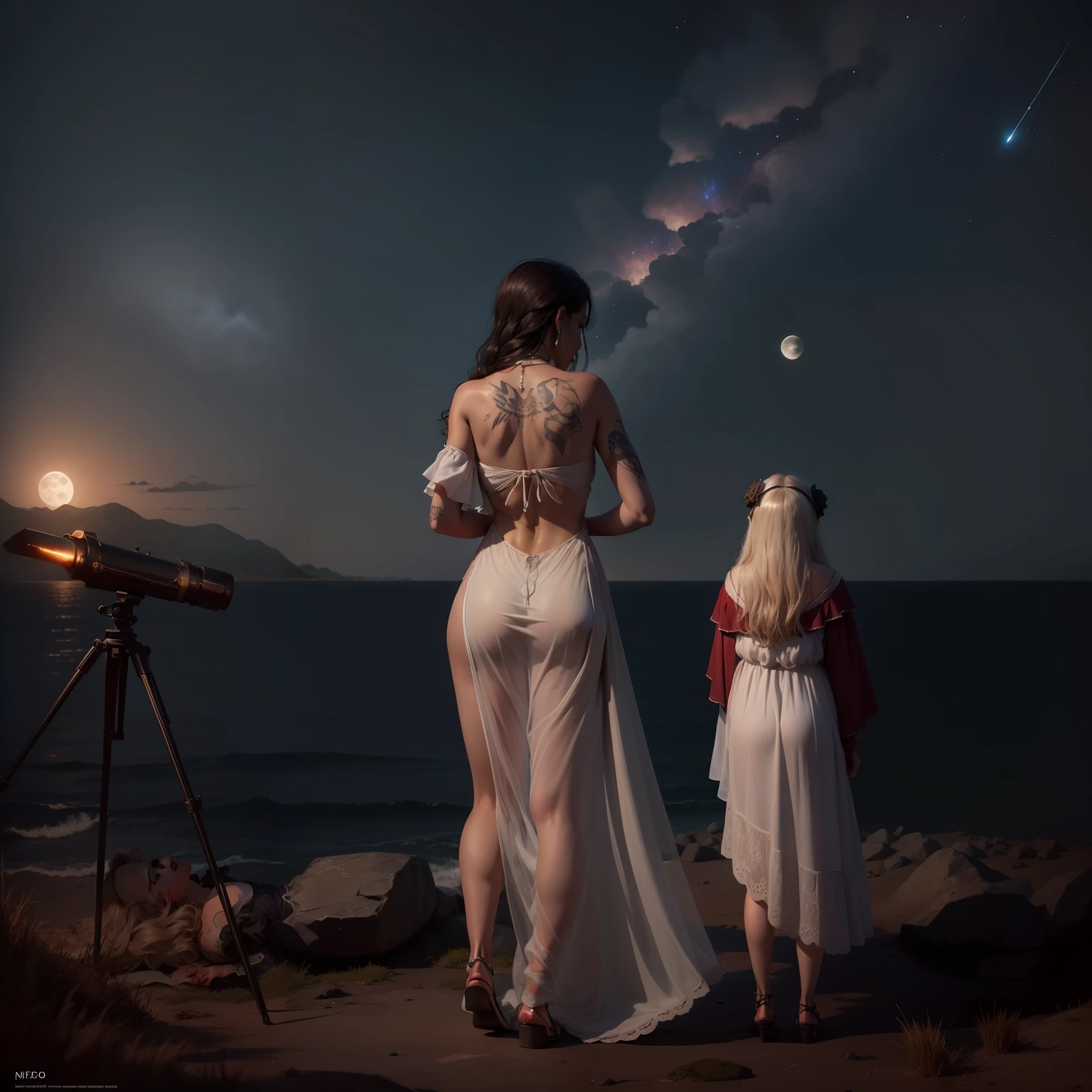 Une femme portant une robe avec sa fille, son dos nu, Watch the descent of witnesses in front of the sea and the moon The descent of many meteors and comets telescope next to them Add a tattoo to the back of the mother and more meteors, meteorites and comets