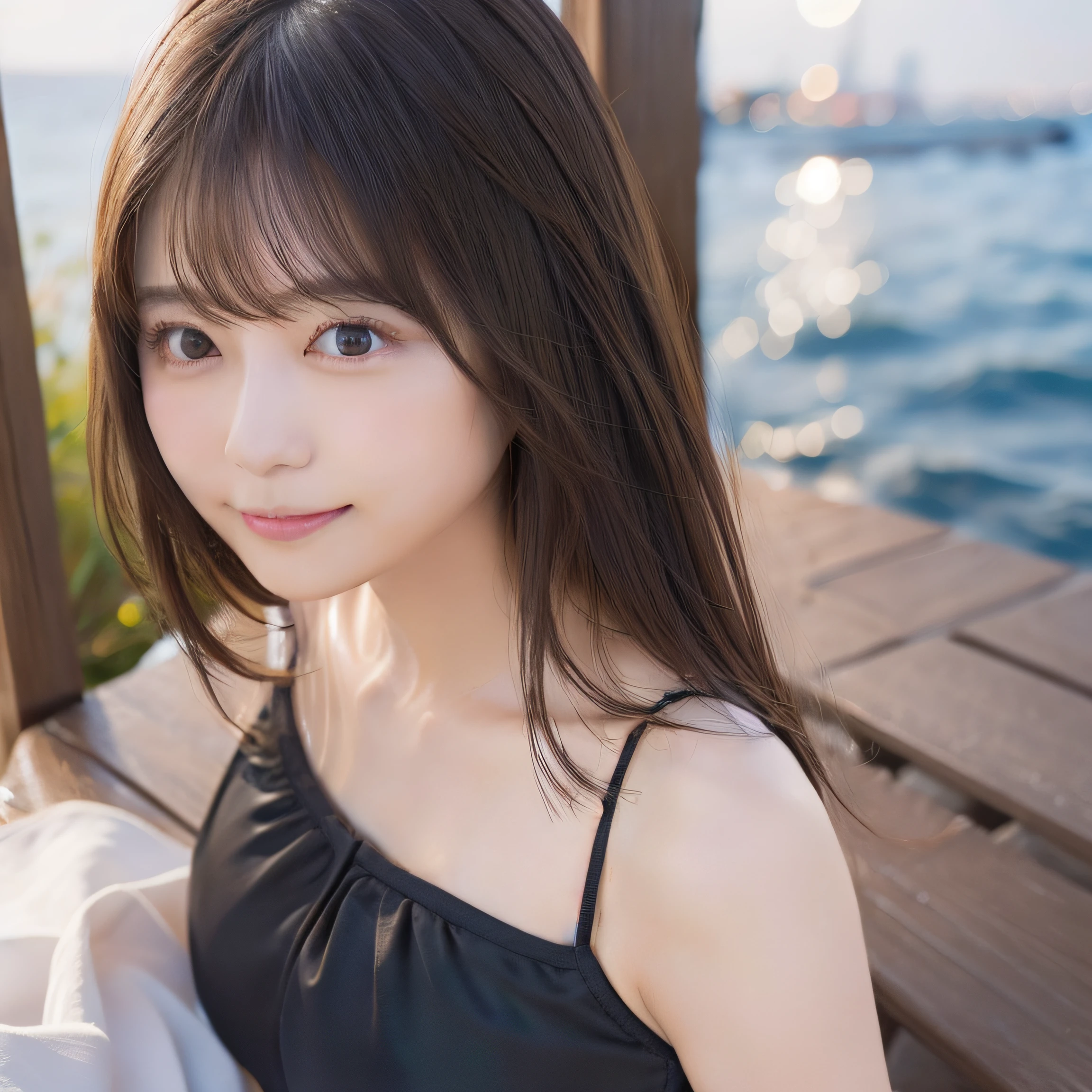 8K,Best Quality, 超A high resolution, (Photorealistic:1.4),​masterpiece:1.3, Raw photo, (upper thigh:1.5, From Side:0.7), (Bokeh:1.２), sea side, (in a suite:1.6),sand beach, 1日本人の女の子, Cute, (Solo:1.6), (Shy smile), Smooth skin, (Brown medium hair,Bangs), (touch hair:1.4),nogizaka,Cute swimsuit,Supple fingertips,Beautiful black eyes:1.３、ample breasts、full bodyesbian