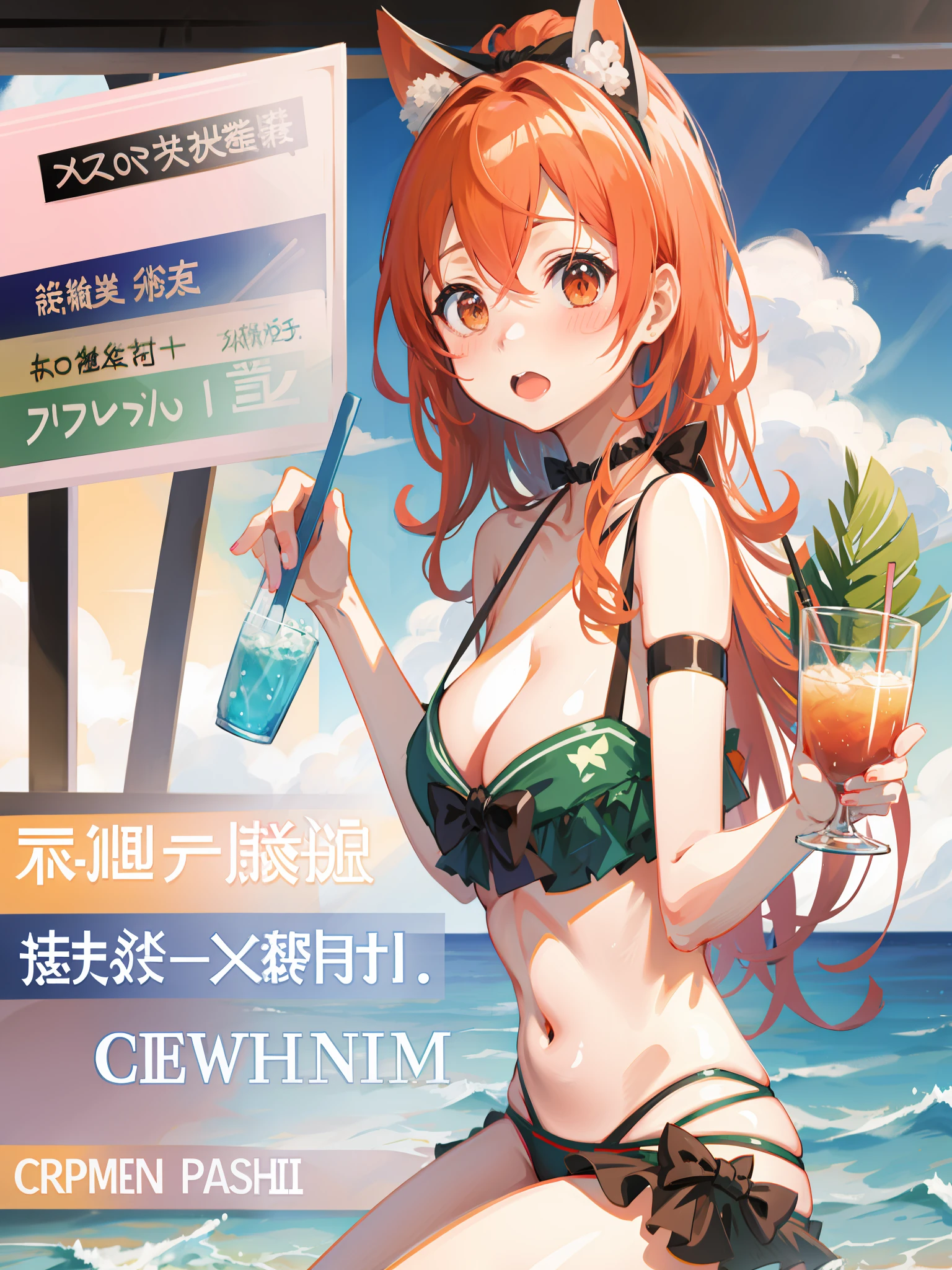 Anime figure，Drinks and knives in hand, Also, eechi, komono, Pisif, Nami, Yoshitomo Nara, cushart, swimsuit, Kantai collection style, Fine details. Girl front, Wang Chen, oppai, Official artwork, boutinela bikini，bow panties，Look at the audience，Pool background，beachside