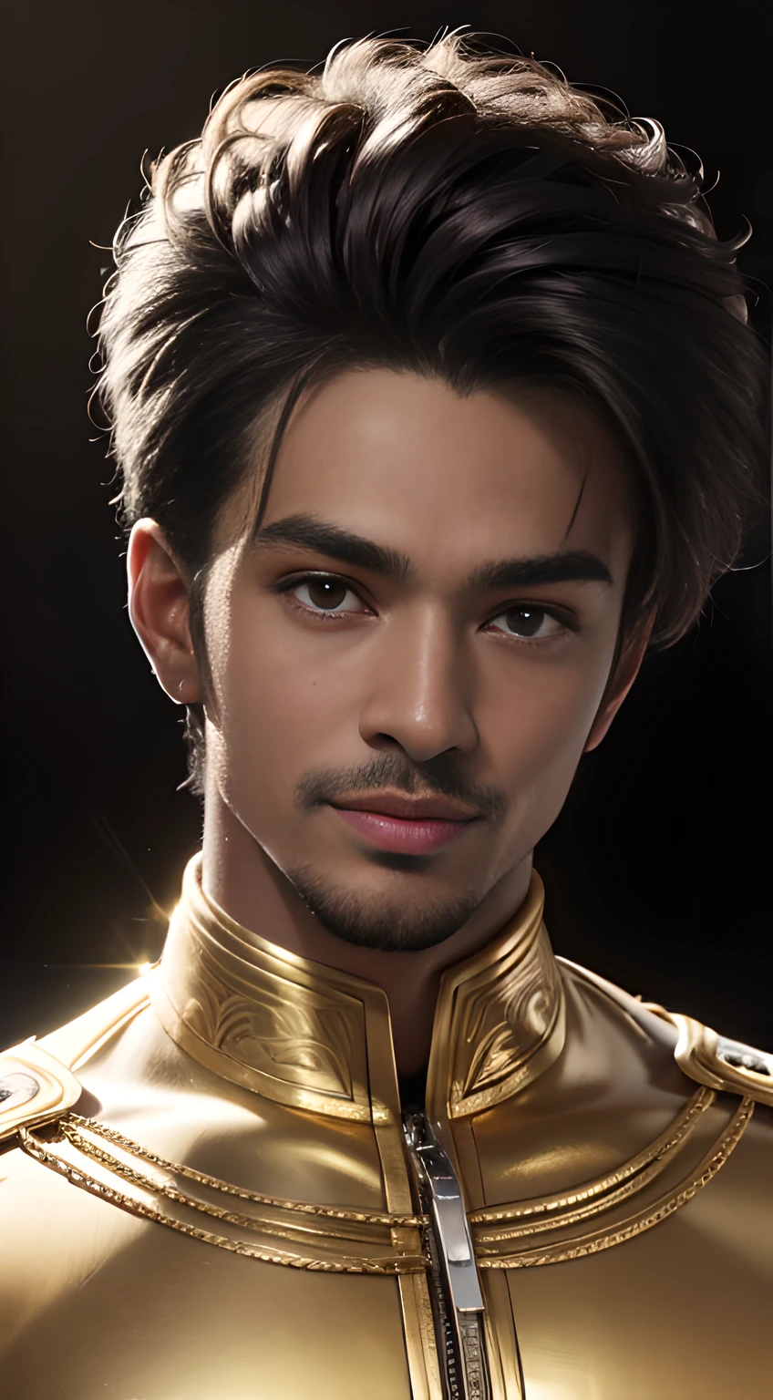 ((Men only)), (head shot), (frontal face), (tanned black Handsome muscular man in gold clothes), gold in the background, gold hair, showing his abs, Mischievous smile, (detaile: 1 in 1), Natural muscles, HIG quality, beautidful eyes, (Detailed face and eyes), (Face、: 1 / 2), Noise, Real Photographics、... .....................................................................................................PSD, Sharp Focus, High resolution 8K, realisitic & Professional Photography, 8K UHD, Soft lighting, High quality, Film grain, FujifilmXT3