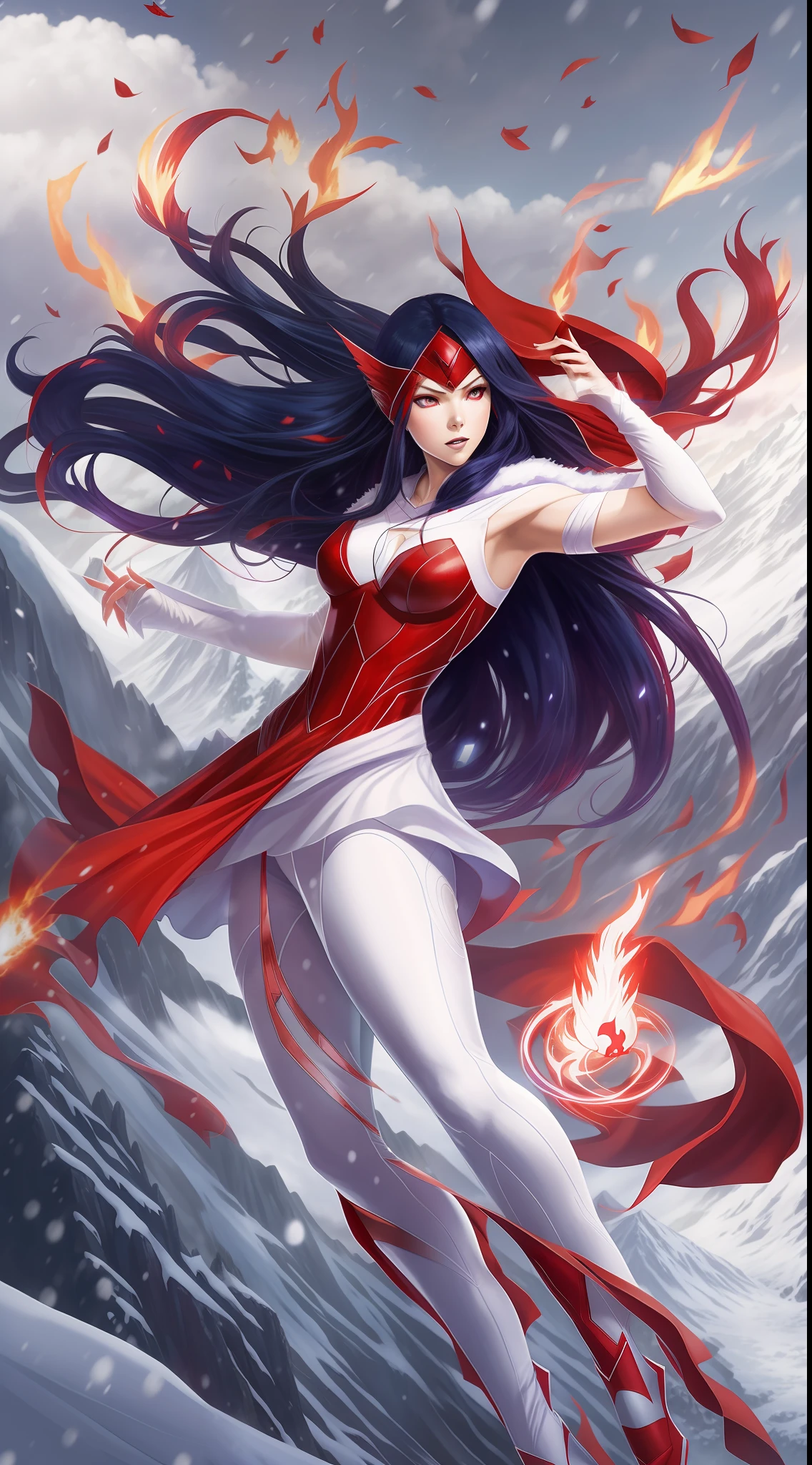 Scarlet Witch and Hinata Hyūga Fusion, Sexy Body, Long Navy Blue Hair with Flying Red Hair, Full Body, White Costume with Red Ninja Dress, Flying, White Eyes, Powers flaming powers purple skulls in hands, mountain background, Snow flying in the background