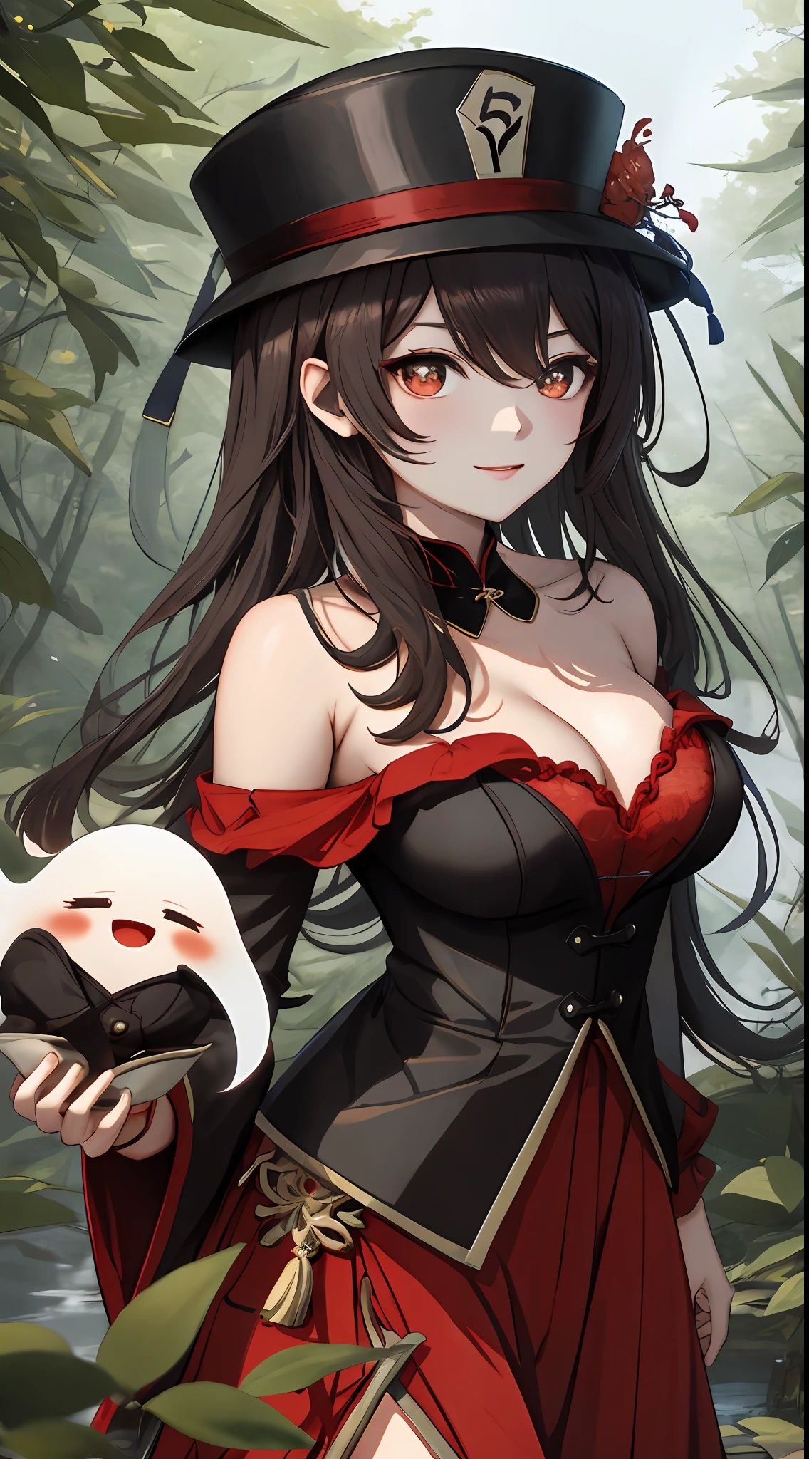 the original god，walnuts，one-girl，Off-the-shoulder attire，Large breasts，ssmile，red color eyes，cleavage，Black clothes，Black hat，（There is a token 1 on the hat.2)，In the middle of a quiet forest，best qualtiy，the wallpaper，Beautiful body，high-definition picture quality，hu tao(Genshin Impact)，absurderes, (best qualityer), (tmasterpiece), (ultra - detailed: 1.2)，White cute ghost