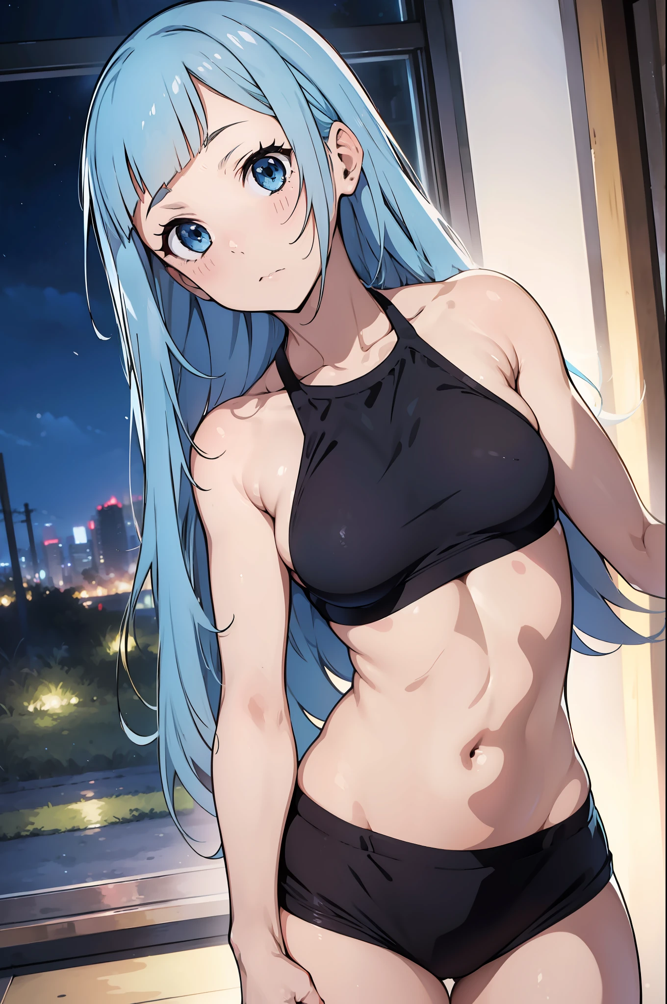 masterpiece, best qualiy, extremely detailed, 1girl,digital art, embarassed, (miwakasumi), sport clothes, standing,sensual,defined abdomen, bra, no_shirt, BREAK exposed abdomen, blunt_bangs, light_blue_hair, long hair, puffy, night, sensual, lewd, lascive, defined curves, BREAK living room, cozy, night, modern, perfect face, expressive eyes, exposed skin