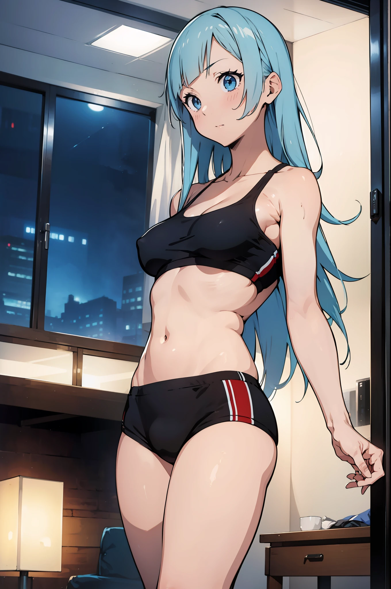 masterpiece, best qualiy, extremely detailed, 1girl,digital art, embarassed, (miwakasumi), sport clothes, standing,sensual,defined abdomen, bra, no_shirt, BREAK exposed abdomen, blunt_bangs, light_blue_hair, long hair, puffy, night, sensual, lewd, lascive, defined curves, BREAK living room, cozy, night, modern, perfect face, expressive eyes, exposed skin