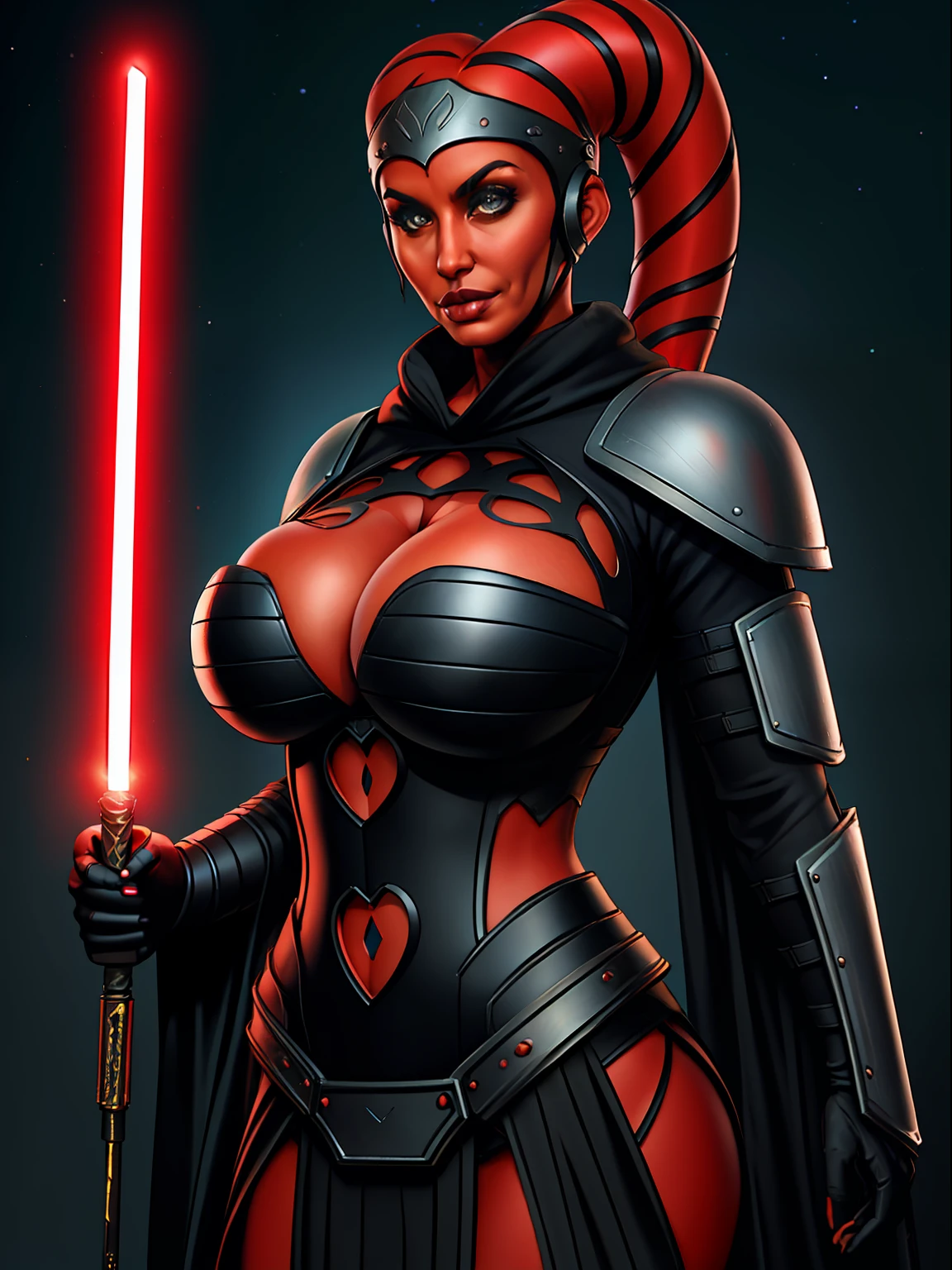 armor, busty, (((Cleavage))), (((((cleavage cutout,))))) ((red skin), twi'lek), dual red lightsabers, evil space knight, space ninja, (wearing heavy black armor, robes, black stealth armor, breastplate, tunic, tabard, cowl, cloak, body glove, straps, buckles, skirts, long sleeves, fantasy, ((armor))), ((busty), slender body, thin, slim sexy body, slim waist, ((((gigantic breasts))))), Imperial starship, Star Wars, warlockandboobs