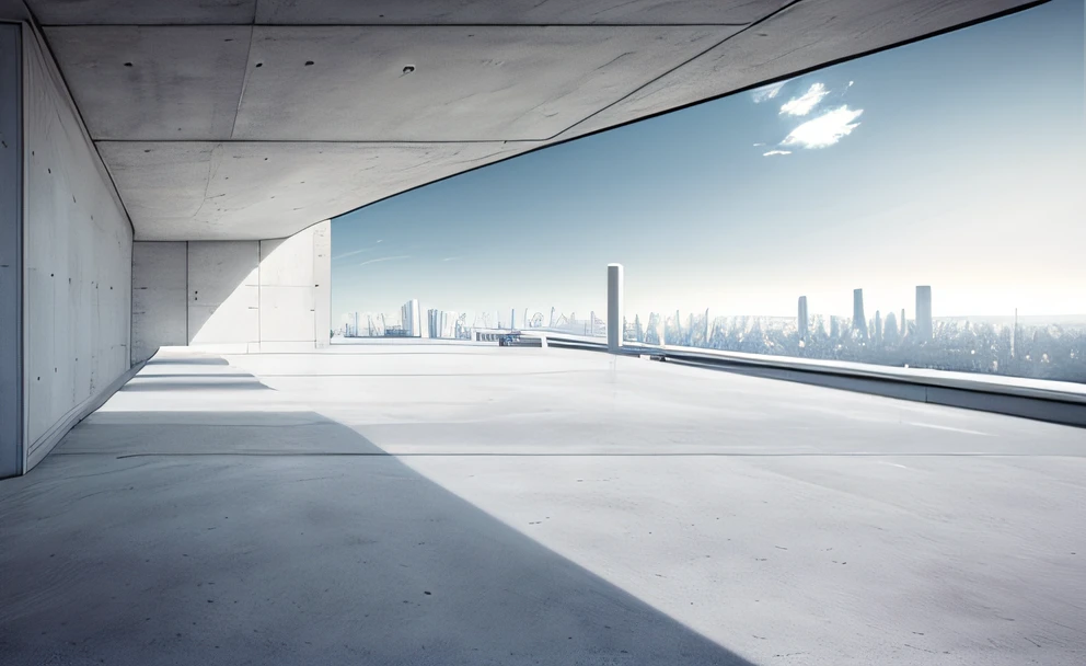 There was a big empty room,You can see the city, architecture photo, architectural photography, arhitectural shot, award arhitectural photography, city rooftop, architectural photography, white pale concrete city, overlooking a modern city, architecture photo, Only the world of concrete, Concrete Building, skyline view from a rooftop, Smooth concrete, inspired by Tadao Ando, vibrant contrast