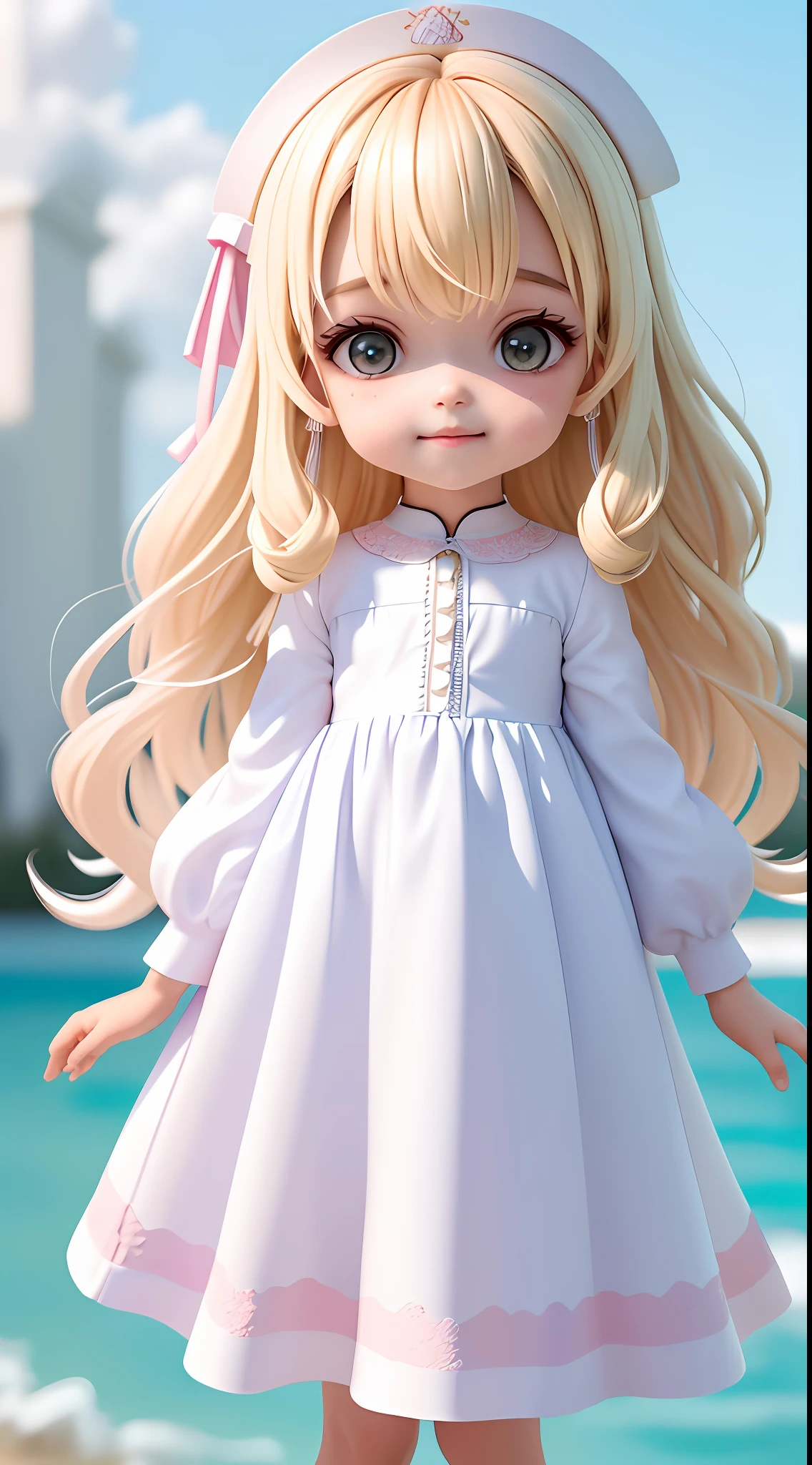 (Extremamente detalhado CG Unity 8k papel de parede, obra-prima, melhor qualidade, super detalhado), (cabelos comprido) (best ilumination, melhor sombra, extremamente delicado e bonito), flutuando, cabelo de rabo full body cute child, feliz, blond hair pet, pastel hues. Roupa branca, white corpo inteiro
