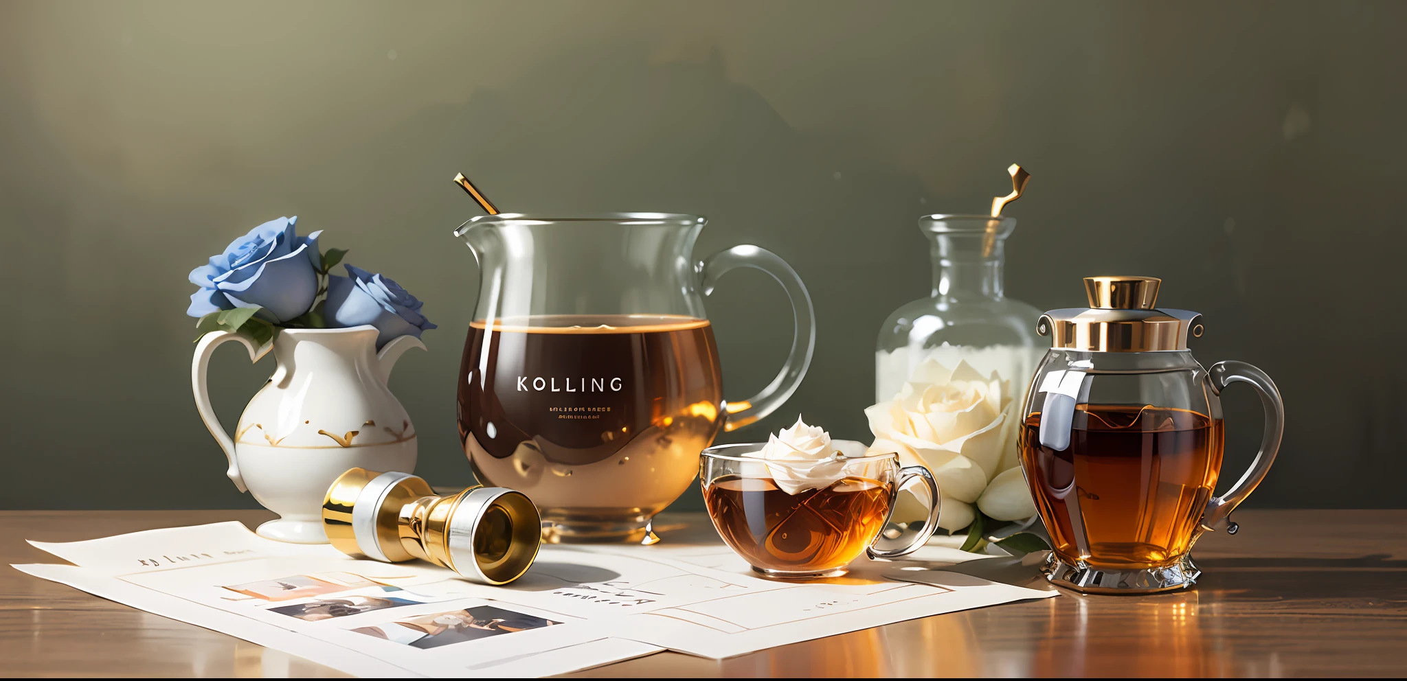 Knolling layout,Many parts,Character sheet,Highly detailed,Depth,No characters,Perfume glass bottle,White rose,book,charactor,magazine title ,Porcelain coffee cup