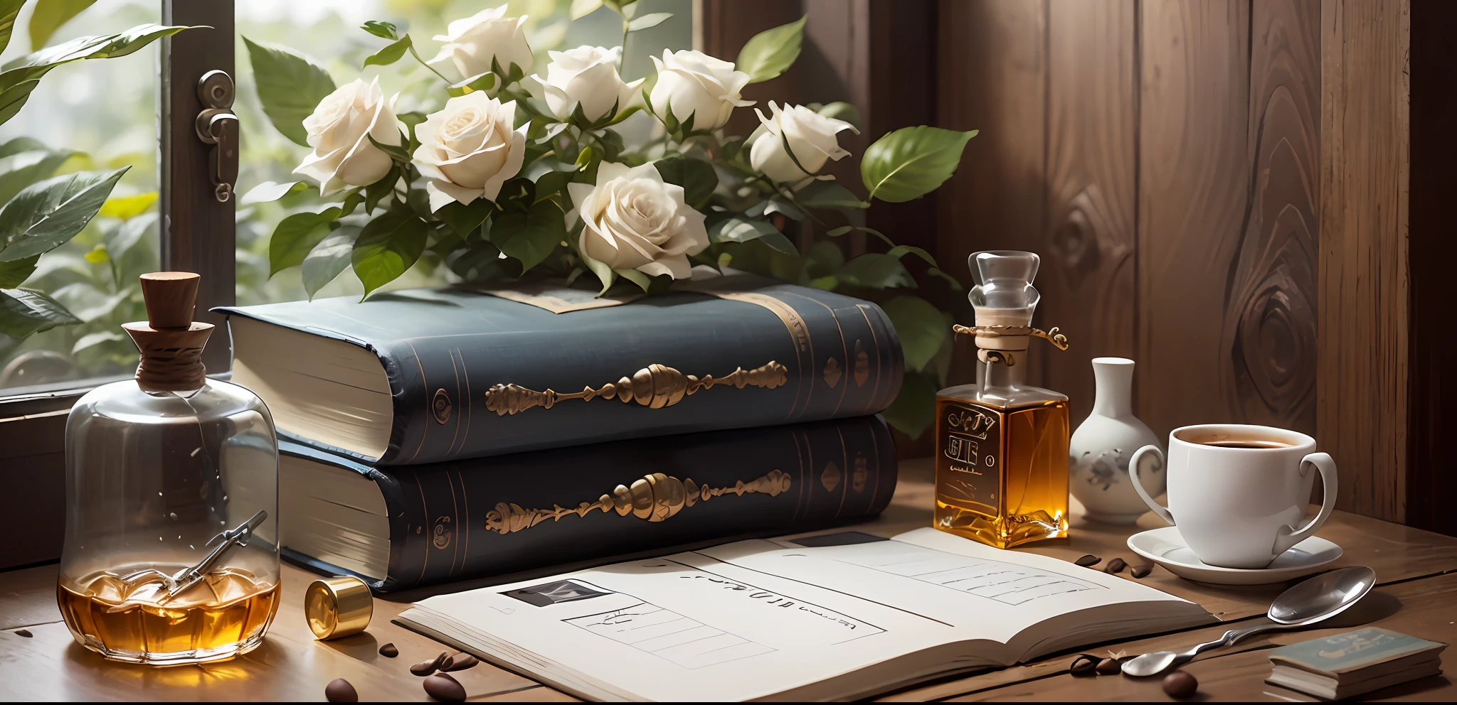 Knolling layout,Many parts,Character sheet,Highly detailed,Depth,No characters,Perfume glass bottle,White rose,book,charactor,magazine title ,Porcelain coffee cup