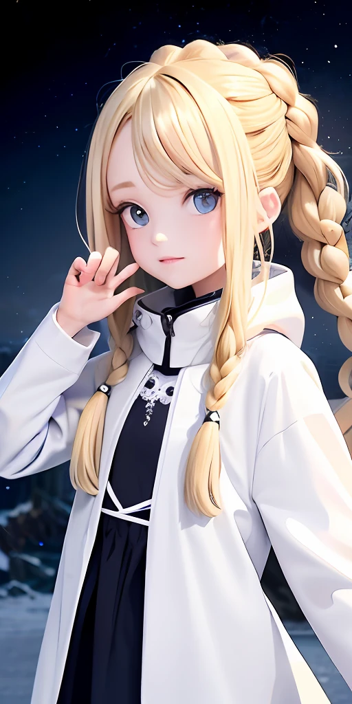 extreme picture quality,whaite hair,blonde eyes,Manteau blanc,Immortal alive,Look up at the sky,Elegant gesture,Beautiful hair,White Skin Skin,Braided hairstyle