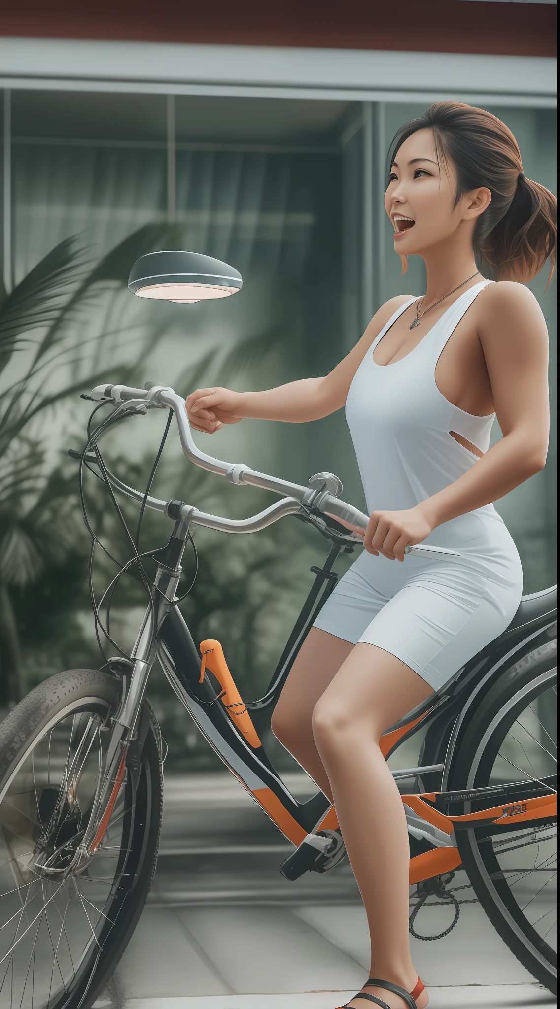 Mujer en hilo dental, Asian,  manejando bicicleta,  toma de frente, braless,  hermosos pezones, pechos medianos, culo mediano, tonificado, perfecto, blanca, sudada muy sudada, braga rota, cuerpo entero, cinematography lighting,  8k hdr, png, by day.