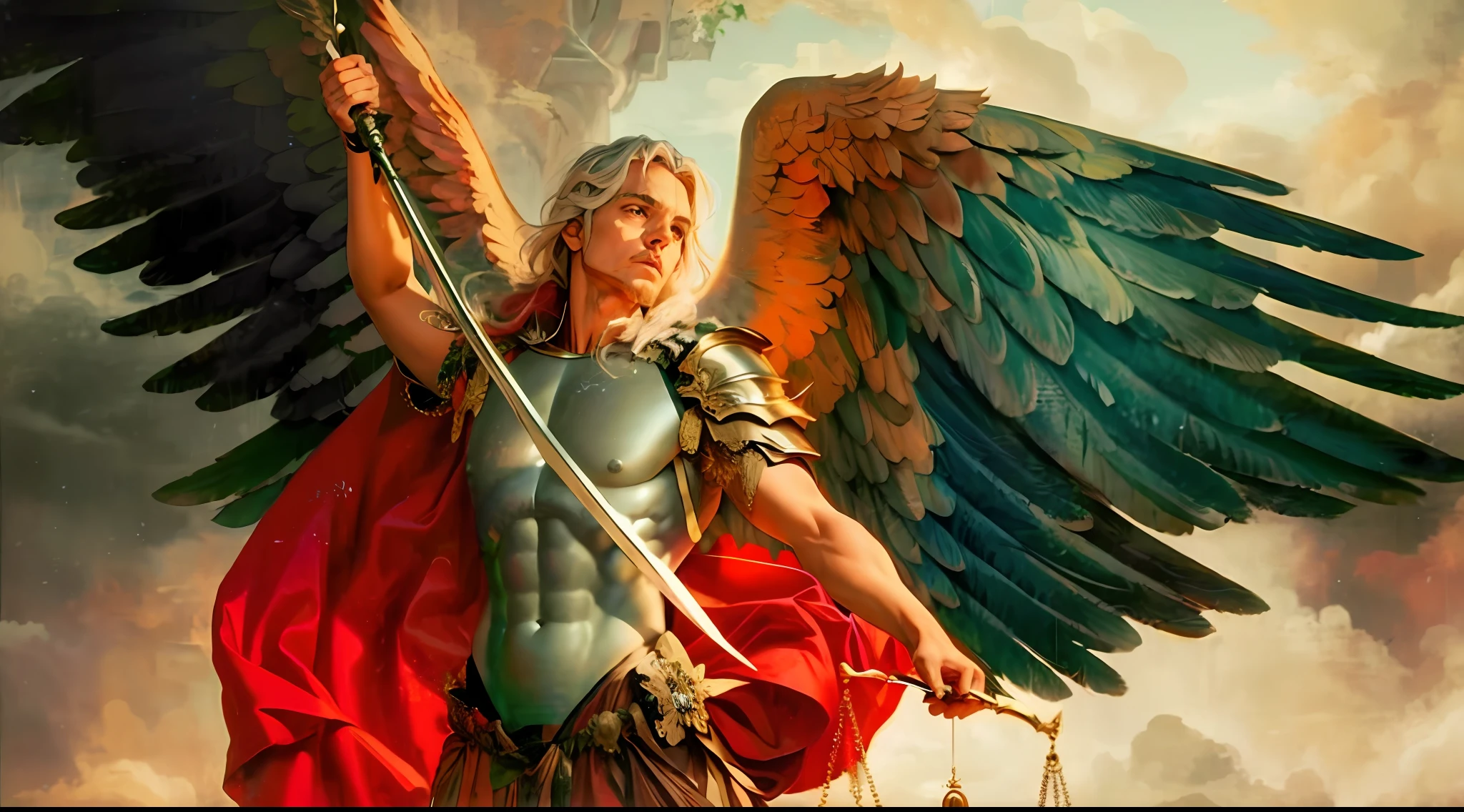 pintura de um homem com uma espada e asas, Arcanjo Miguel, saint michael the angel, arcanjo, totalitarian socialist angel, Directed by: Evelyn De Morgan, Michal, biblical accurate angel, Directed by: Eugene Zak, Directed by: Aleksander Gierymski, Directed by: Bernard Meninsky, anjo protegendo o homem, Directed by: Nicolau Marsicano, Lucifer's, Justice