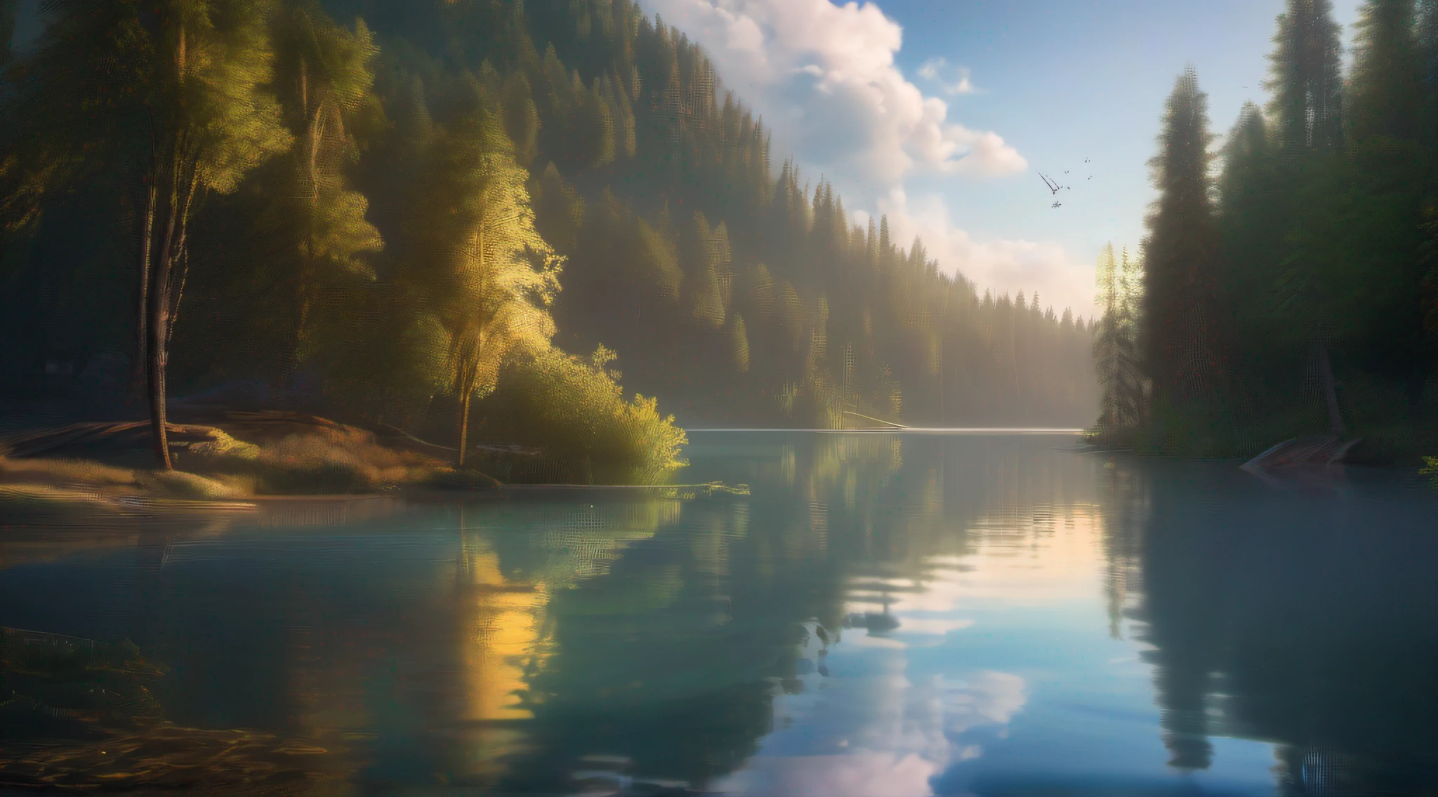 wallpaper, summer, lake, dawn, forest, detailed forest, clouds, masterpiece, cinematic, soft light, depth of field, ray tracing, reflection in water, realism, ulra detailed,