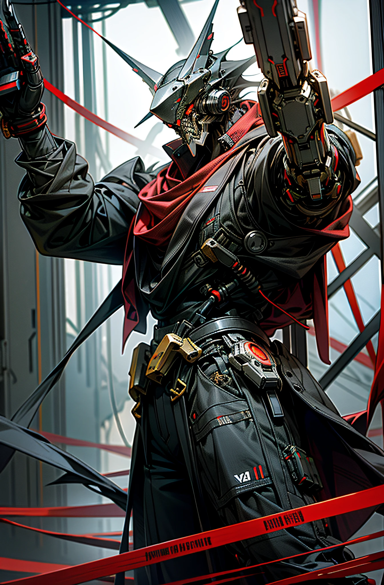 Dark Fantasy, Cyberpunk, Mechanical Marvel, Chain Saw, Chain Saw Man, Red:1.1, Cybernetic Guardian, Robotic Presence, 1 Person