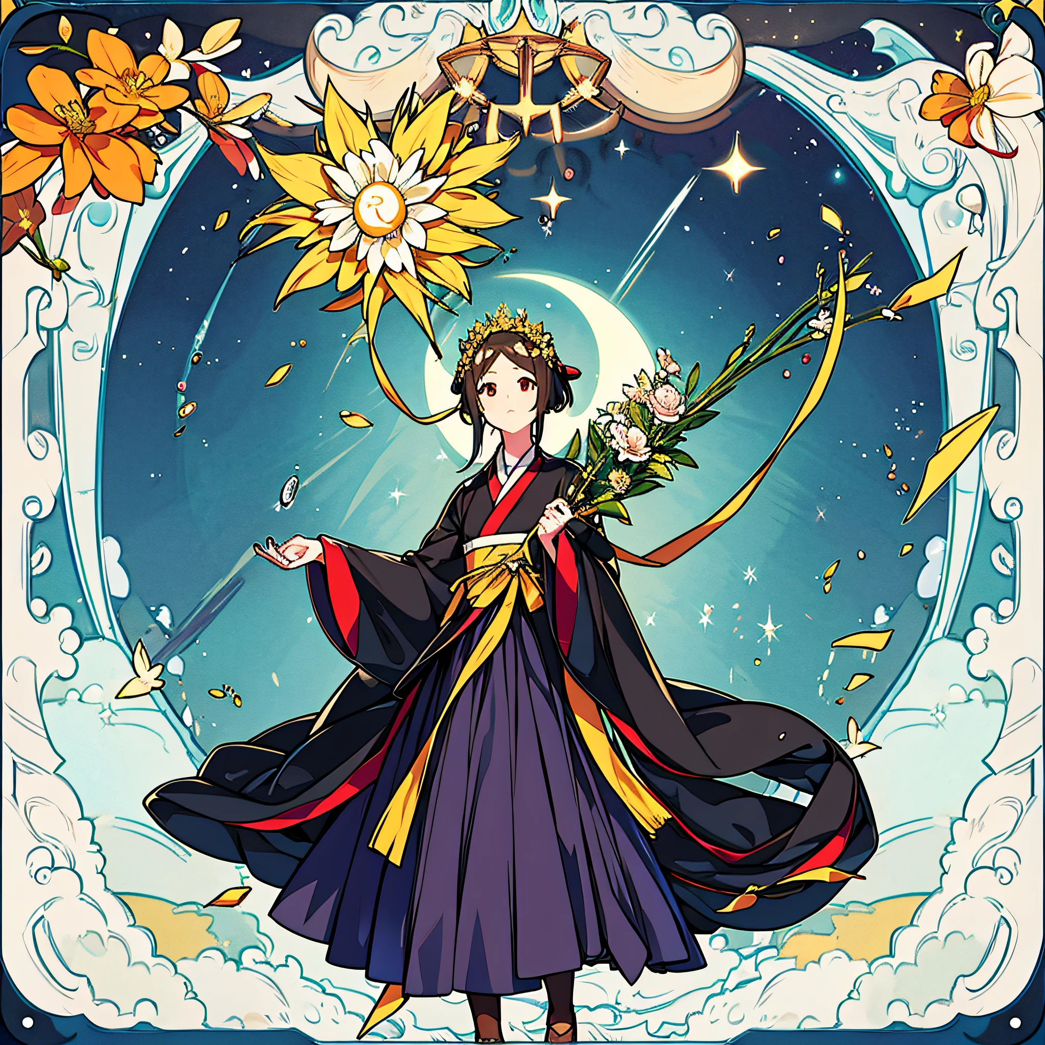 Kizi,brunette color hair,blackigeyes,Small round face,Wearing a flower crown on his head,Hanfu dress,Gold silk cloak,Shawl with drooping hair,Bouquet in hand,look far away,The sky is shining,Clear skies,The sun and the moon shine together,The earth flourishes,A scene of life,Prosperous vegetation,Dragon Flying Phoenix Dance,look far away,Wait for the arrival of one person。