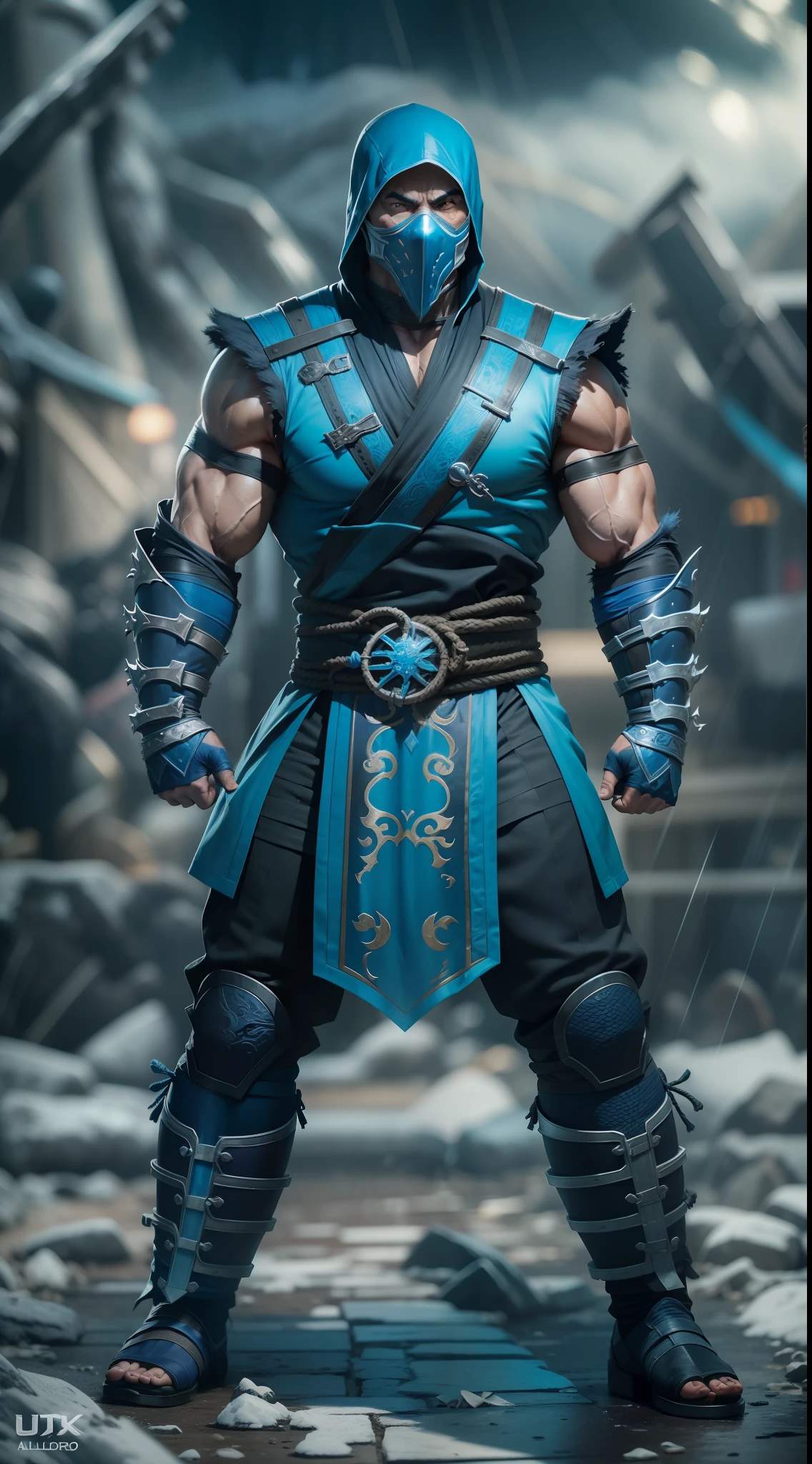 mortal kombat sub-zero character , super strong, muscular,a chaotic world in the background, 35mm lens, photography, ultra details, precise texture details HDR, UHD,64K,