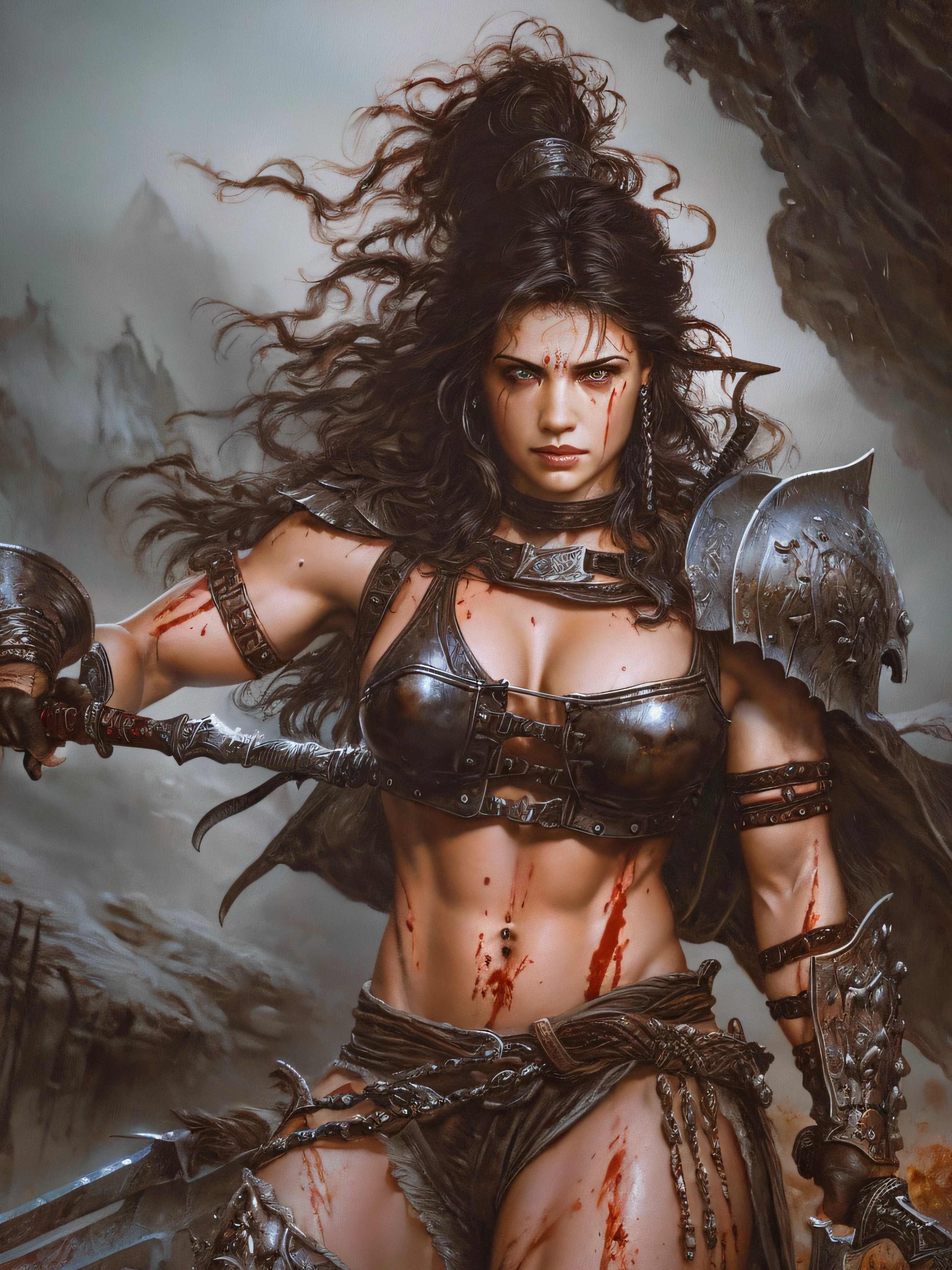 realistic, surrounded by pool of blood, an oil painting of a raging barbarian woman in a battle, action scene, swinging a large huge battle axe weapon, a ripped muscular female in leather barbarian armor, (steroids:1.1) abs (muscular:1.1), (loincloth:1.1), professional quality art by (Luis Royo:1.1), Artgerm, Jeremy Mann, Greg Manchess, Antonio Moro, (Extremely Detailed Oil Painting:1.2), Hand drawn, ArtStation, intricate details, sharp focus, dramatic, photorealistic painting art by midjourney and greg rutkowski, sharp contrast, many colours, serious face, smirking,