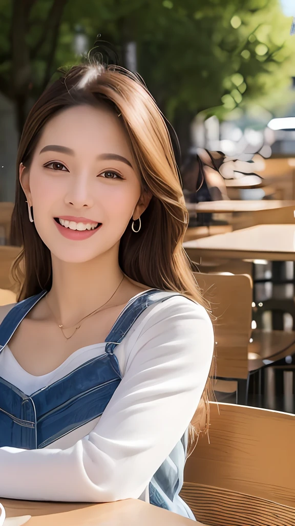 ((best qualtiy,8K,tmasterpiece:1.3)),The upper part of the body(1.3),immensity(5),outstanding style,gentle face,Parallel eyebrows,ssmile,natural makeup,Clothes for emphasis,relaxed,Have lunch at a café in the sun,Home background