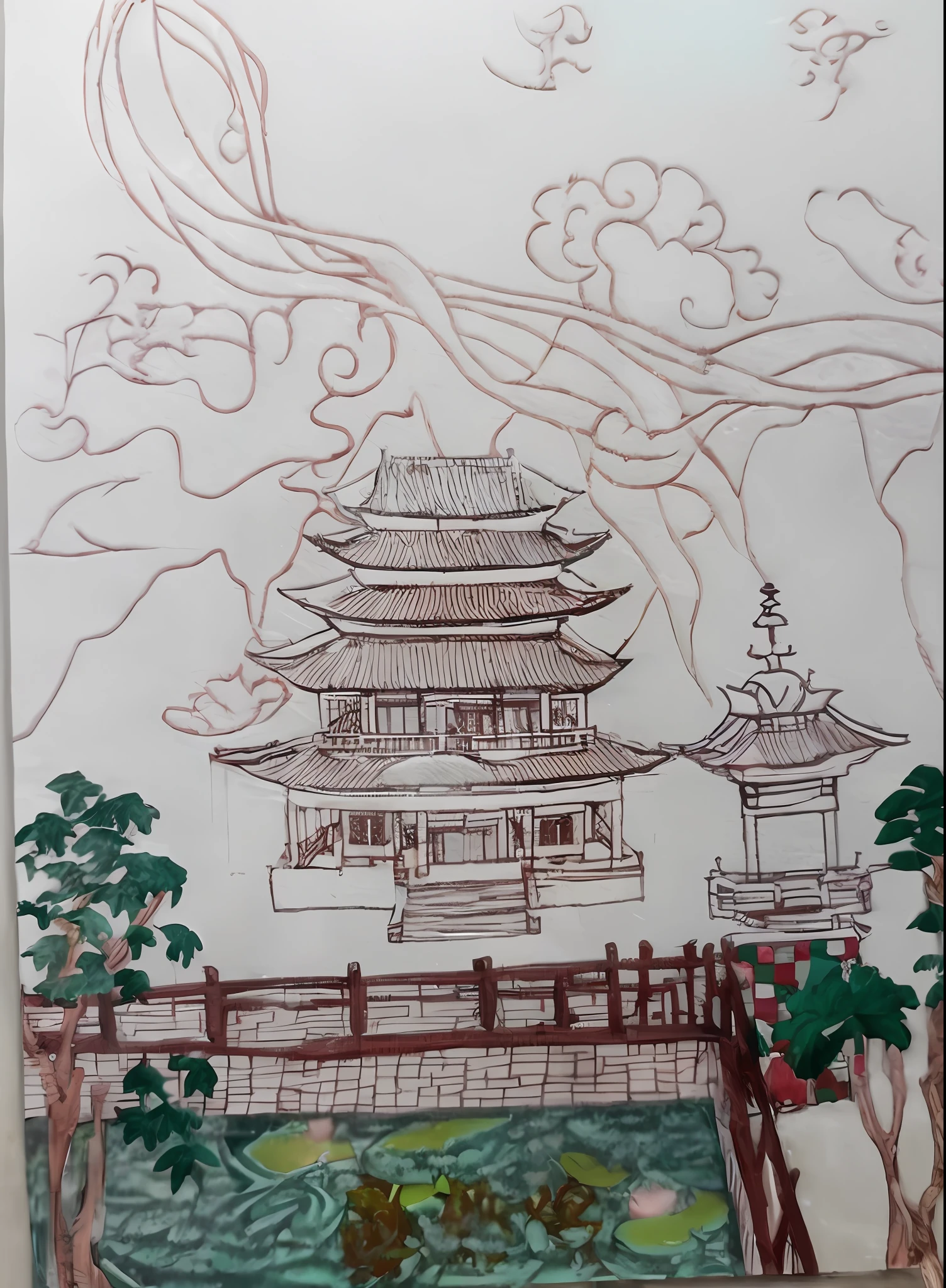 Pagoda diagram with ponds and bridges, digital painting of a pagoda, Inspired by Yang Buzhi, background depicting a temple, inspired by Shen Shichong, inspired by Katsukawa Shunchō, inspired by Katsukawa Shunsen, Chinese style painting, inspired by Katsukawa Shunkō I