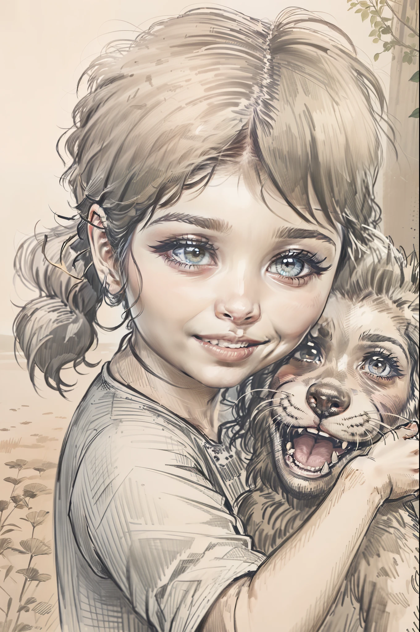 Cartoon Design, Pencil sketch style, Pencil coloring with many colors, Depiction of two children playing with a puppy, muy felices en un parque. El rostro, los ojos y los cuerpos de las figuras deben estar bien definidas en sus formas.