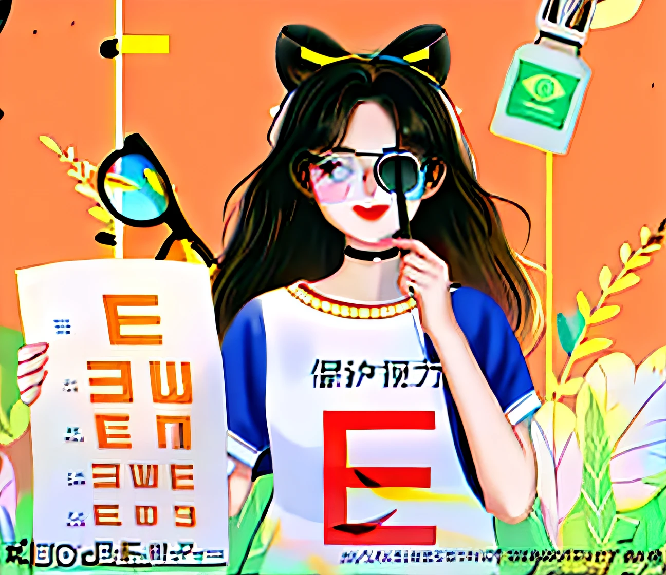 There was a girl holding a magnifying glass and a sign, Eyesight, ( ( eye glass ) ), Hold this vision test sheet in hand,🪔 🎨;🌞🌄, exciting illustration, author:Wang Yi, One eye is read, correct eye proportions, hand painted cartoon art style, A macular woman dressed in white, blindfolds, wearing black glasses