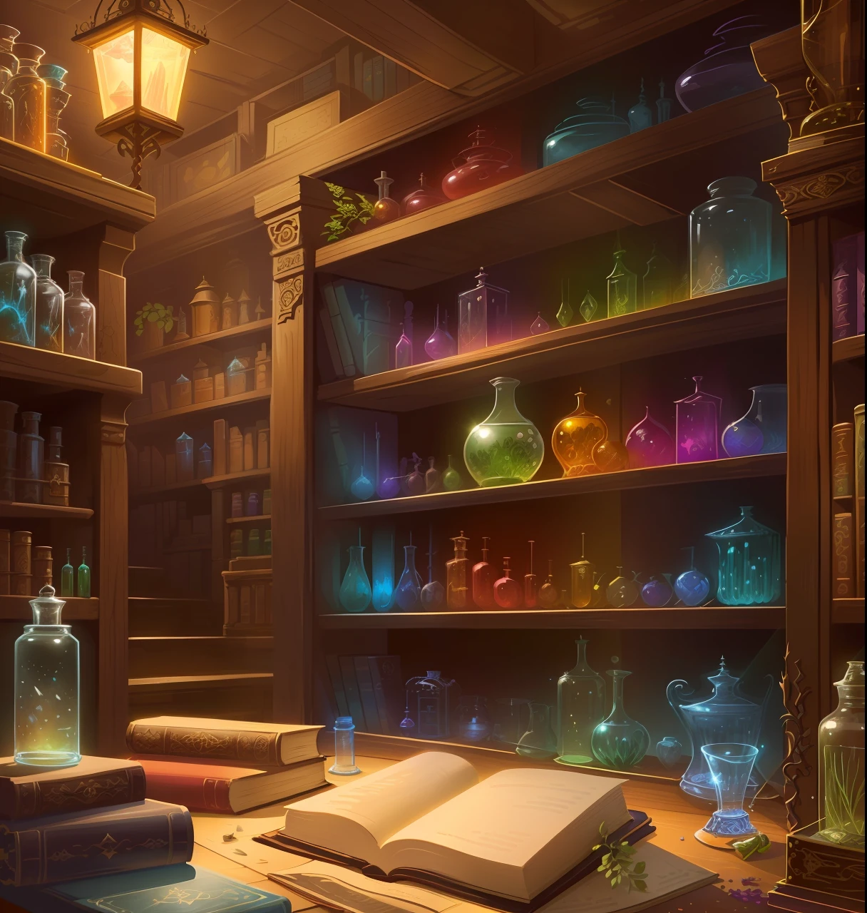 Illustration of a shelf with a variety of bottles and plants, fantasy book illustration, Arte da Biblioteca Espacial Borne, Fundo da Biblioteca Alquimista, graphic of enchanted terrarium, magical potions, a wizard's apothecary, MAGIC LIBRARY, detailed book illustration, science fantasy painting, illustration for book, an alchemical art illustration, fantasy RPG book illustration, in a potion shoppe