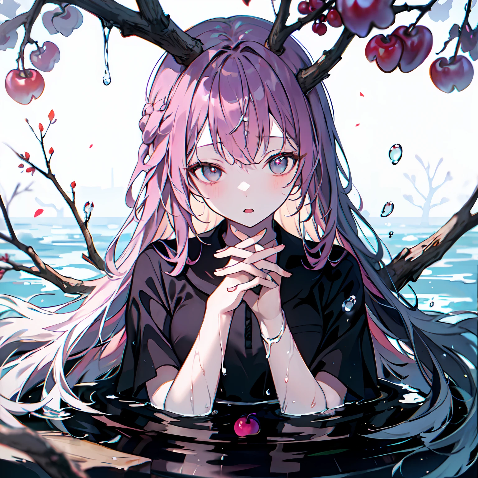 plum tree,1girl,tree branch on head,wooden hands,branch,LiquidHair,water,water splash