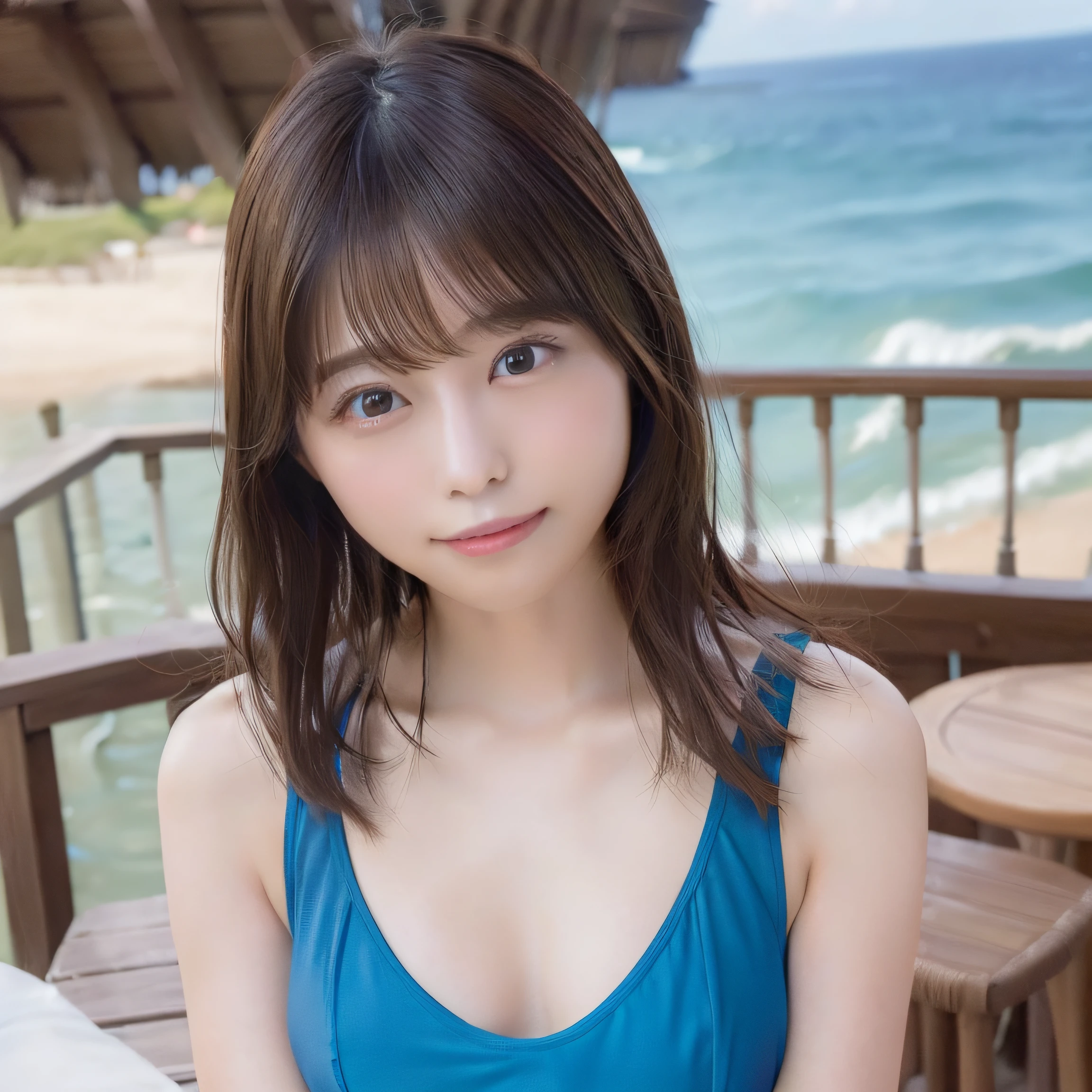 8K,Best Quality, 超A high resolution, (Photorealistic:1.4),​masterpiece:1.3, Raw photo, (upper thigh:1.5, From Side:0.7), (Bokeh:1.２), sea side, (in a suite:1.6),sand beach, 1日本人の女の子, Cute, (Solo:1.6), (Shy smile), Smooth skin, (Brown medium hair,Bangs), (touch hair:1.4),nogizaka,Cute swimsuit,Supple fingertips,Beautiful black eyes:1.３、ample breasts、full bodyesbian