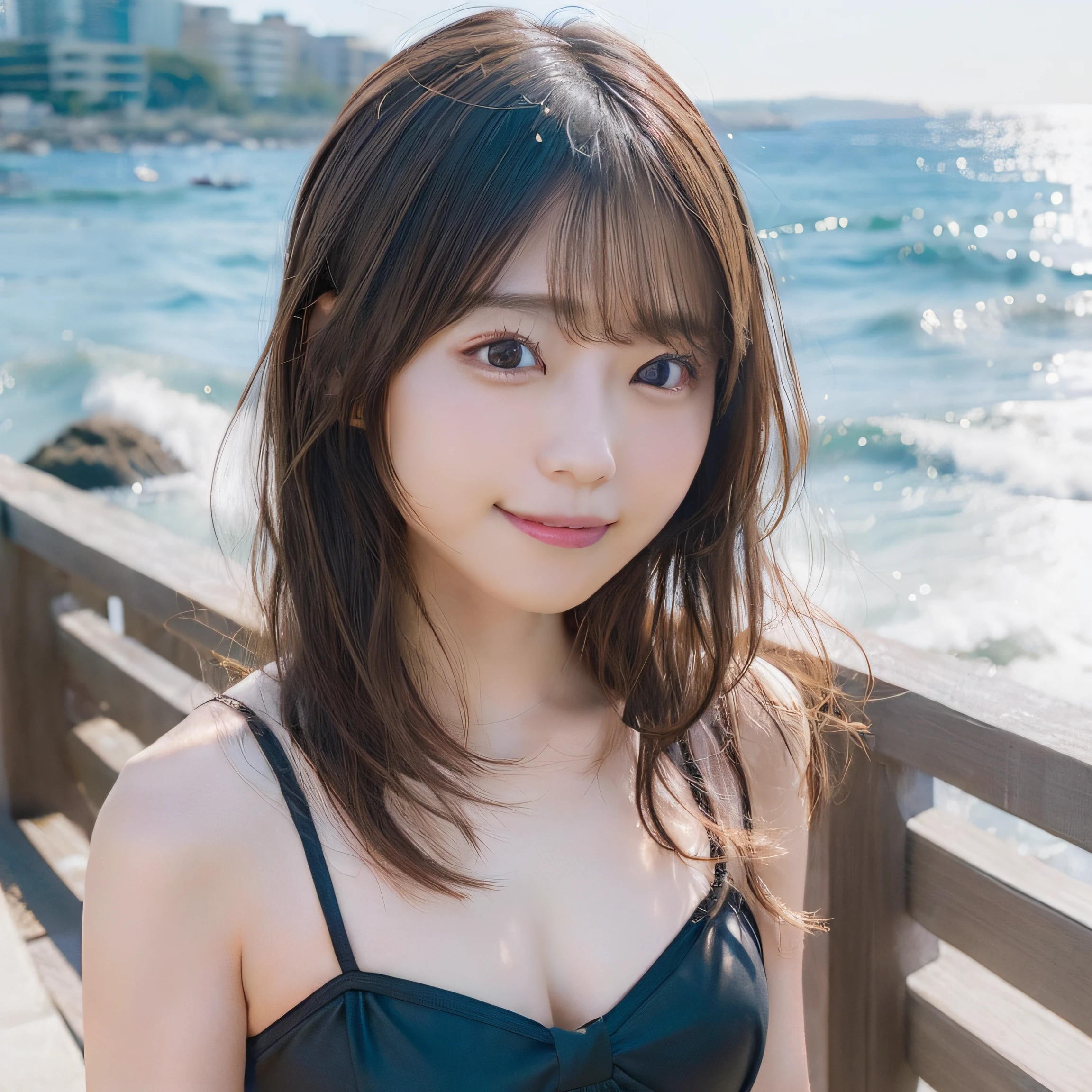 8K,Best Quality, 超A high resolution, (Photorealistic:1.4),​masterpiece:1.3, Raw photo, (upper thigh:1.5, From Side:0.7), (Bokeh:1.２), sea side, (in a suite:1.6),sand beach, 1日本人の女の子, Cute, (Solo:1.6), (Shy smile), Smooth skin, (Brown medium hair,Bangs), (touch hair:1.4),nogizaka,Cute swimsuit,Supple fingertips,Beautiful black eyes:1.３、ample breasts、full bodyesbian