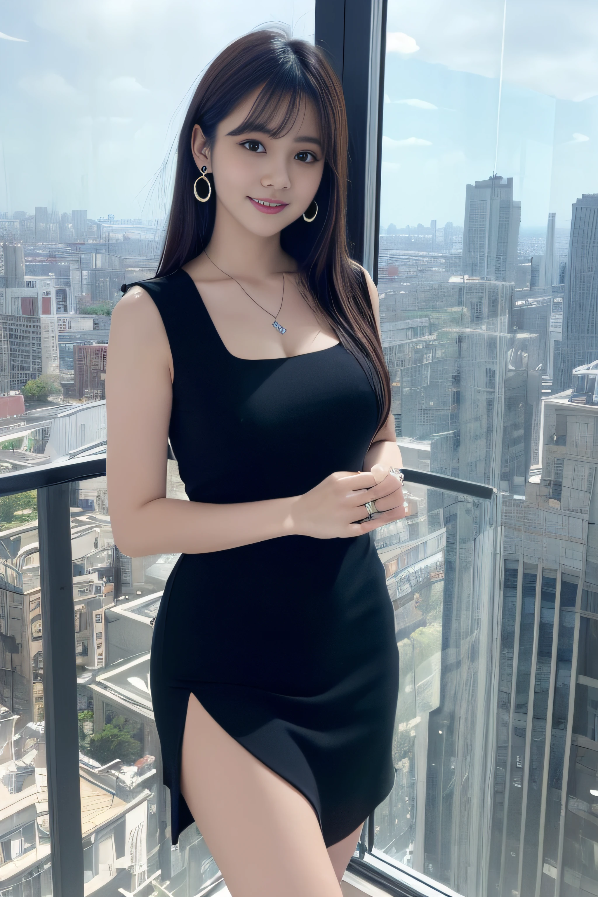 (Highly detailed 8k wallpaper), sharp focus, detailed, dramatic, delicate and beautiful young girl, lighting at face, (slim face, Slim Waist, Slim legs), (perky uplifted breasts:1.2), cleavage, blunt bangs, long hair cascading behind her ears, (wearing puffy transparent mini slip:1.5), Half Butterfly Earrings, silver necklace with opal, jewelry, (smile1.0.2), (sexy pose:1.2), blush, graphics beautiful, in high-rise building, Modern office with a city skyline view, Full Glass Wide Window, standing by window, 3/4 body shot,