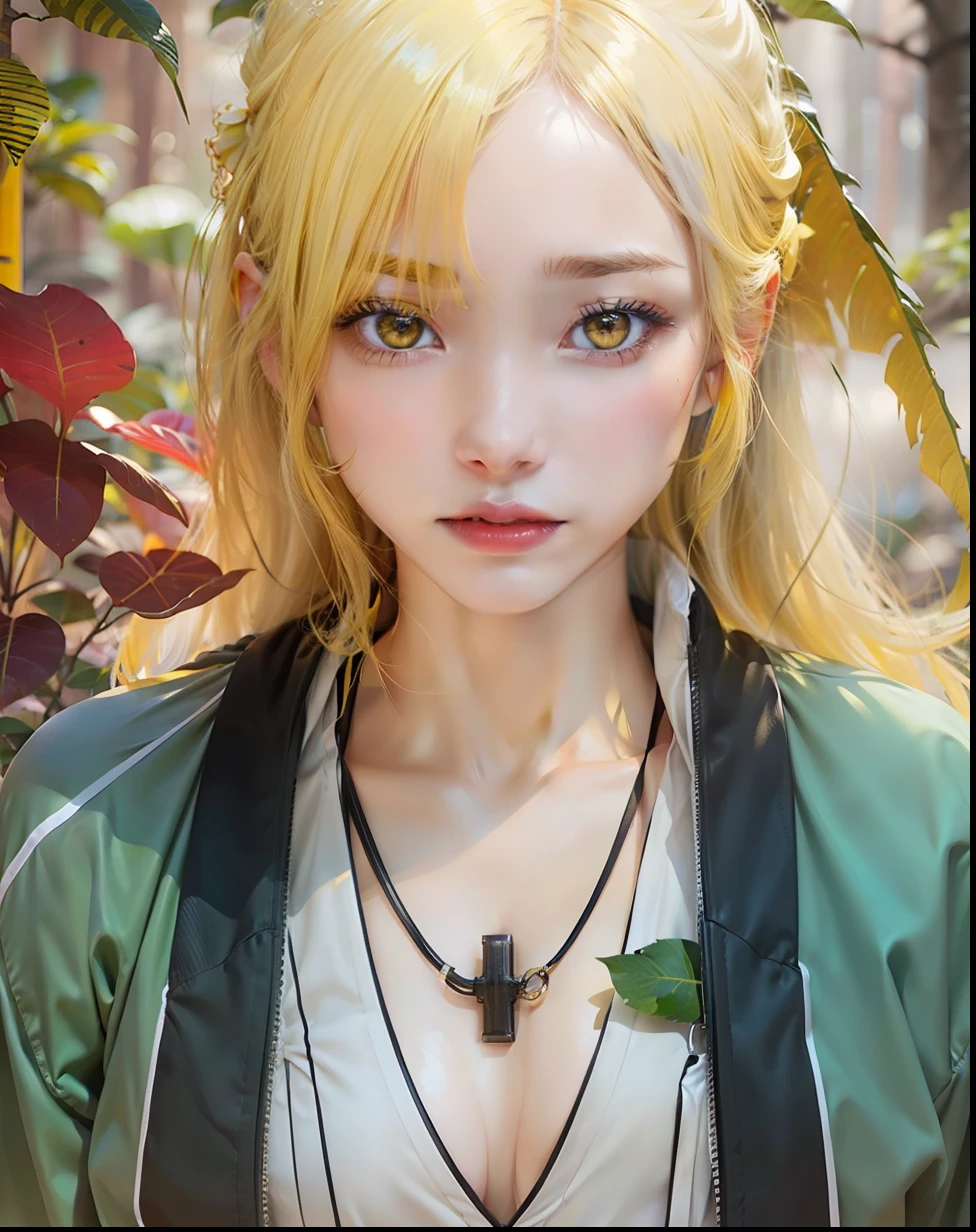 1girl, taunade, yellow hair, long hair, yellow eyes, gray clothes, big breasts, jungle background, realistic, ultra detail