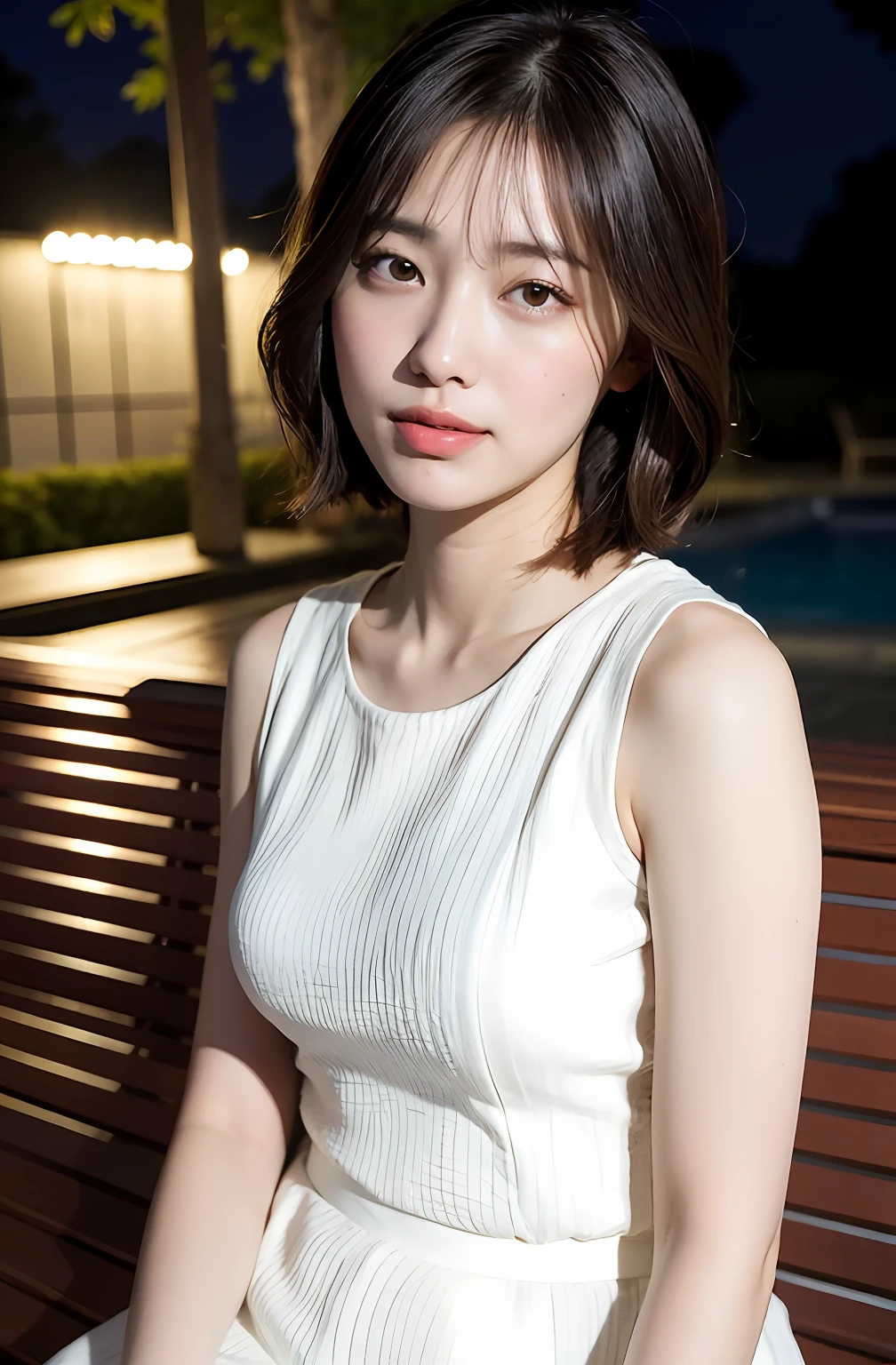 ((8K:1.27)、top-quality、masterpiece、超A high resolution:1.2)Photo beautiful Chinese woman(pleasing:1.1) (The shirt:1.21) Elegance、There is a good、Gradient lighting、1girl in、Delicate skin、Look here、Brown-eyed、(short hair with bangs:1.2)、(Medium chest:1.0)、(medium areola:0.8)、(realisitic:1.4)、(top-quality:1.0)、(超A high resolution:1.0)、8K、Raw photography、(masterpiece:0.2)、(pureerosface_v1:0.5)、 White linen clothes、Sleeveless、Loose chest、Sheer、From the knee up、Kamimei、excited expressions、Red cheeks、want me、Staring at this、Park at night、sit on a bench、Brightness of streetlights、total darkness、Being drunk、subject、look down from above、Futomo、lean deeply on the backrest、Watched、